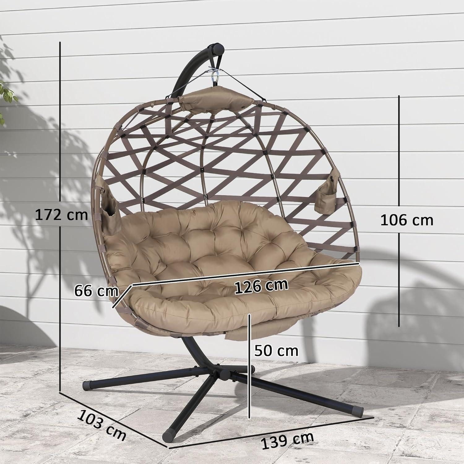 LuxusKollektion Hängesessel Doppel Hängesessel Gestell Kissen Getränkehalter Geflecht Sandbraun