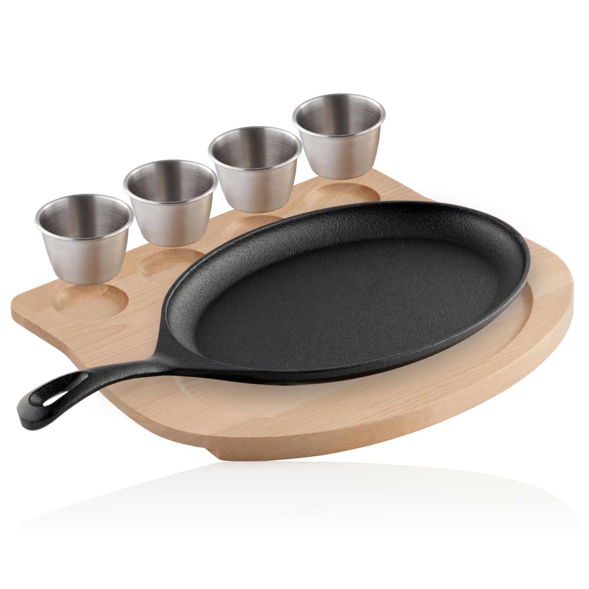 BBQ-Toro Servierpfanne Gusseisen Servierpfännchen mit Edelstahl Dippschalen und Holzunterlage, Gusseisen (Servierpfännchen-Set, 1-tlg), Thermoresistent