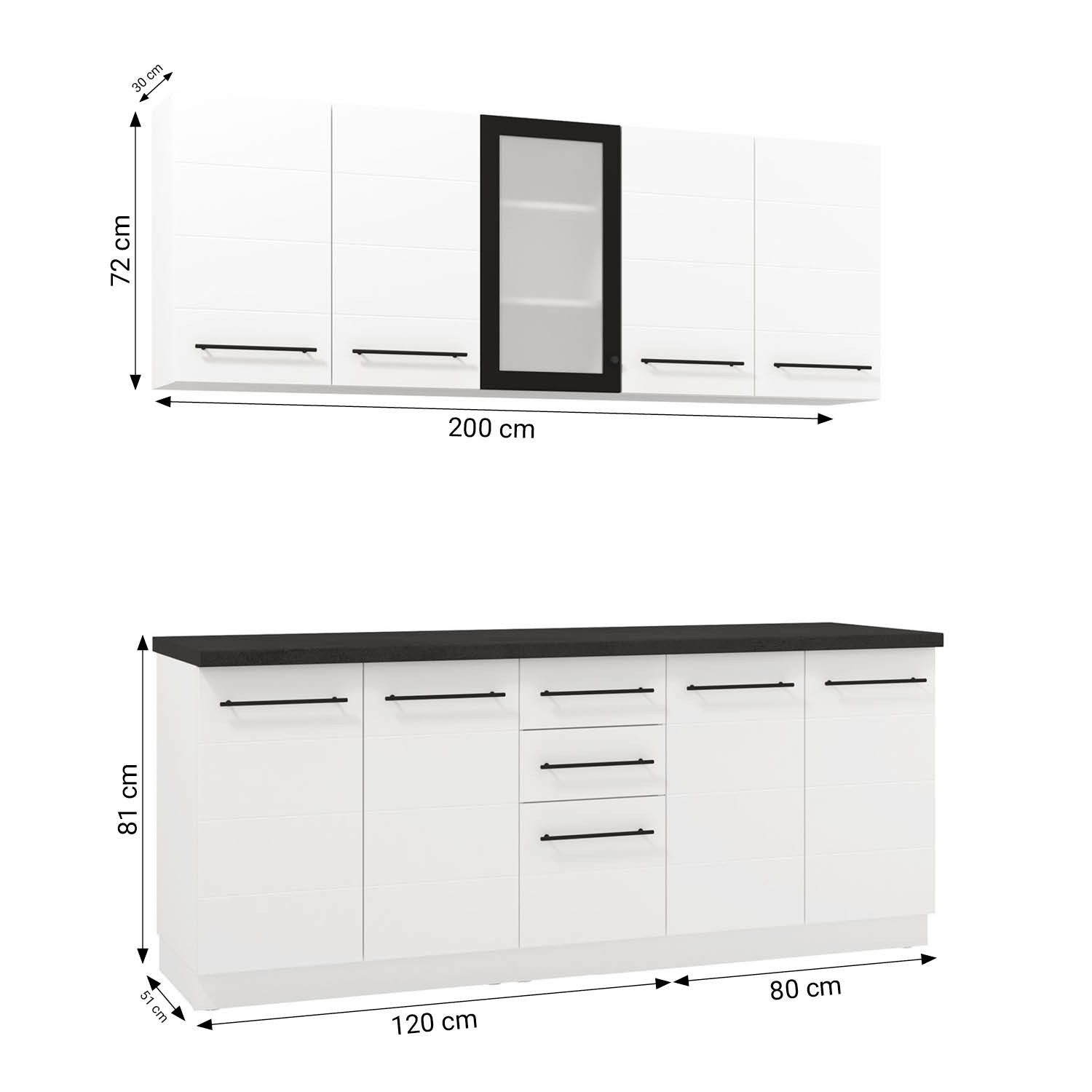 Homestyle4u Küchenzeile 200 cm ohne Geräte Singleküche Küchenschränke Weiß, (Oberschränke, Unterschränke), Küchenblock