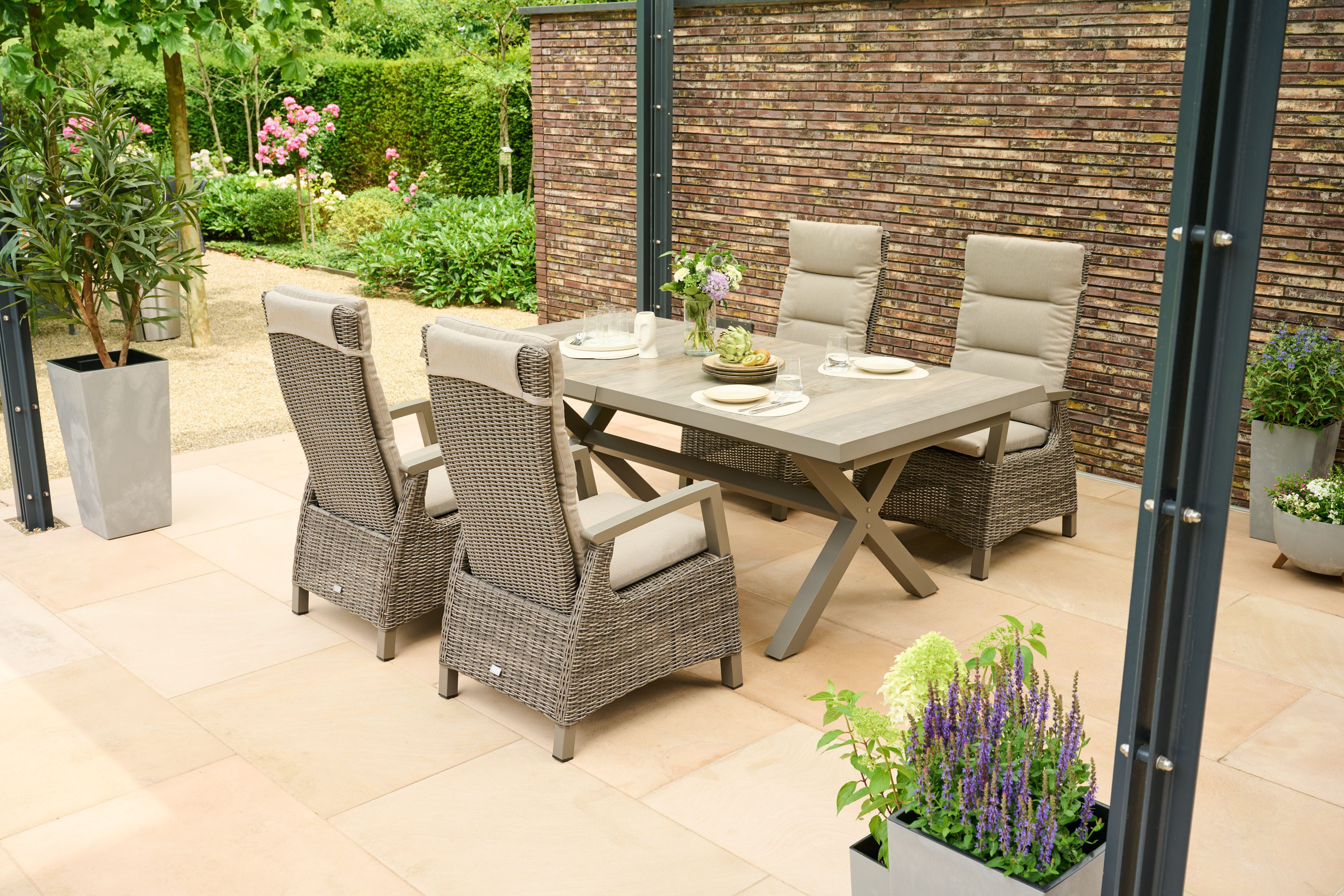 Siena Garden Garten-Essgruppe »Corido Move« mit Sincro Ausziehtisch, (Set, 9-tlg., inkl. Kissen und Move-Funktion), 4x Sessel, AZ-Tisch: 100x 200-260x 77 cm