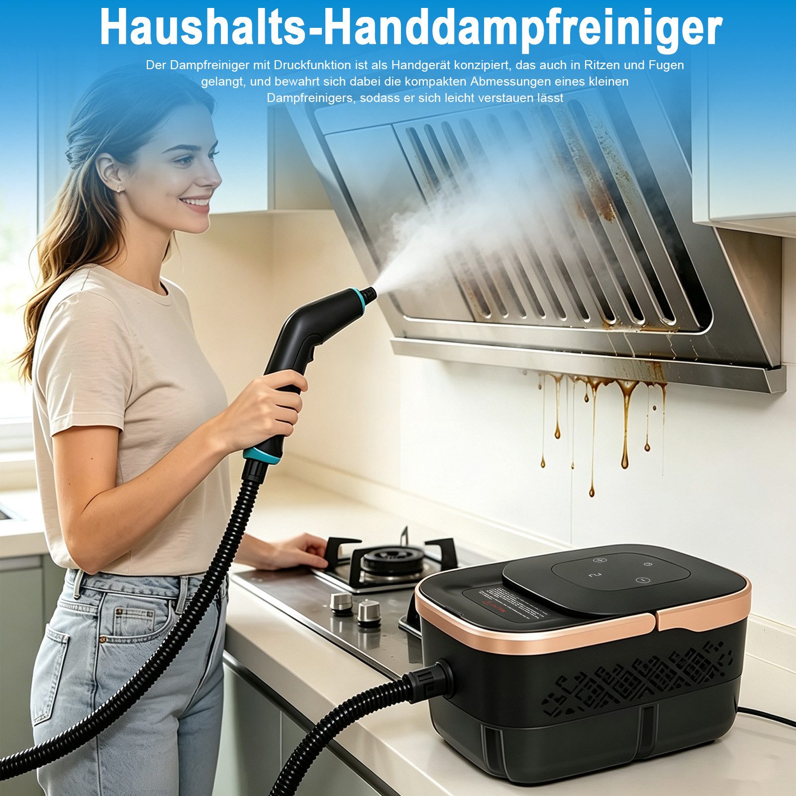 AKKEE Handdampfreiniger 2500W Dampfreiniger mit 1250 ml Wassertank Auto-Dampfreinigungsgeräte, 2500 W, 6 stufige Leistungsregelung, Komplettes Zubehörset