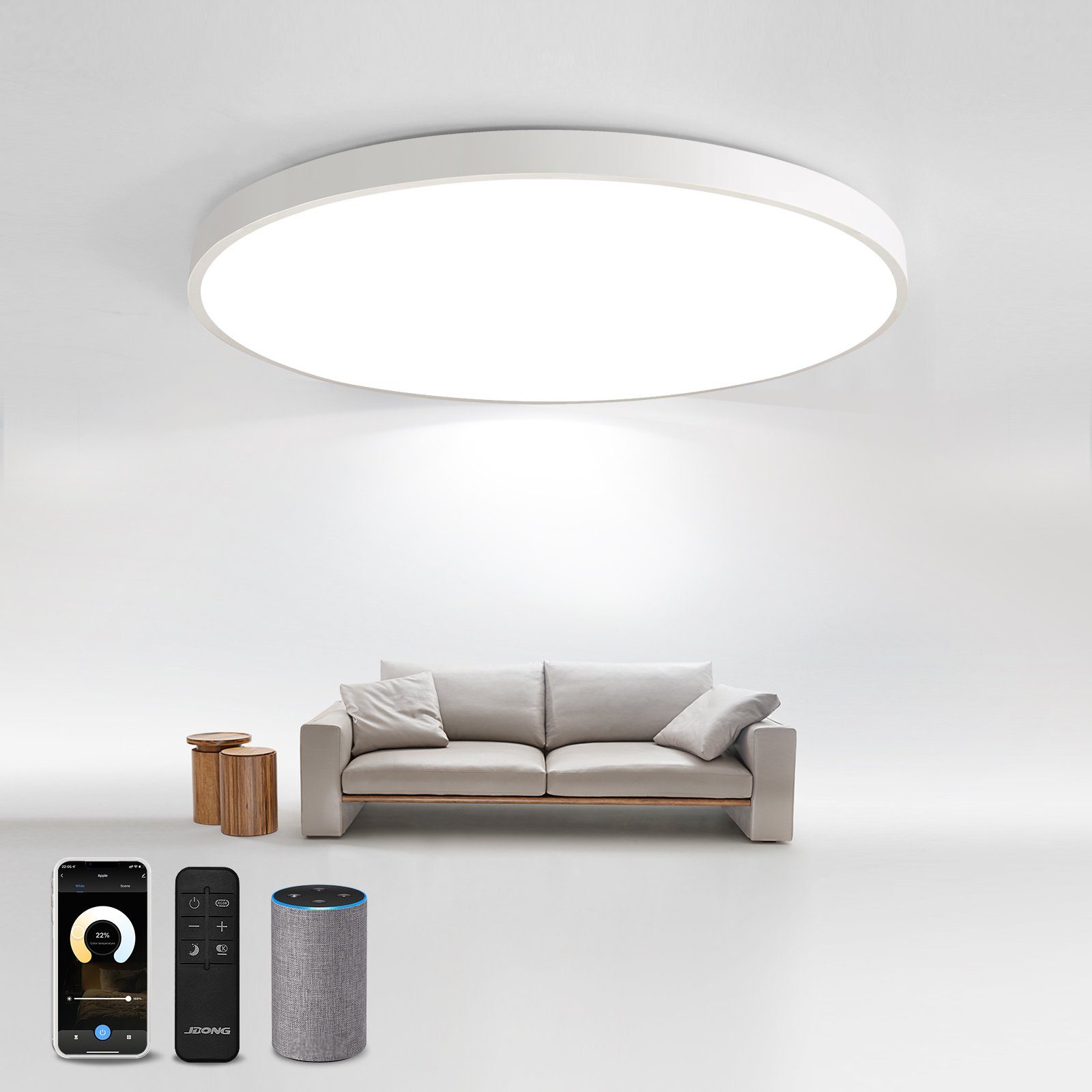 JDONG LED Deckenleuchte Compatible mit Alexa und Google Home Flach Rund WIFI LED Deckenleuchte, LED fest integriert, Tageslichtweiß, Flach Rund Smart LED Deckenlampe