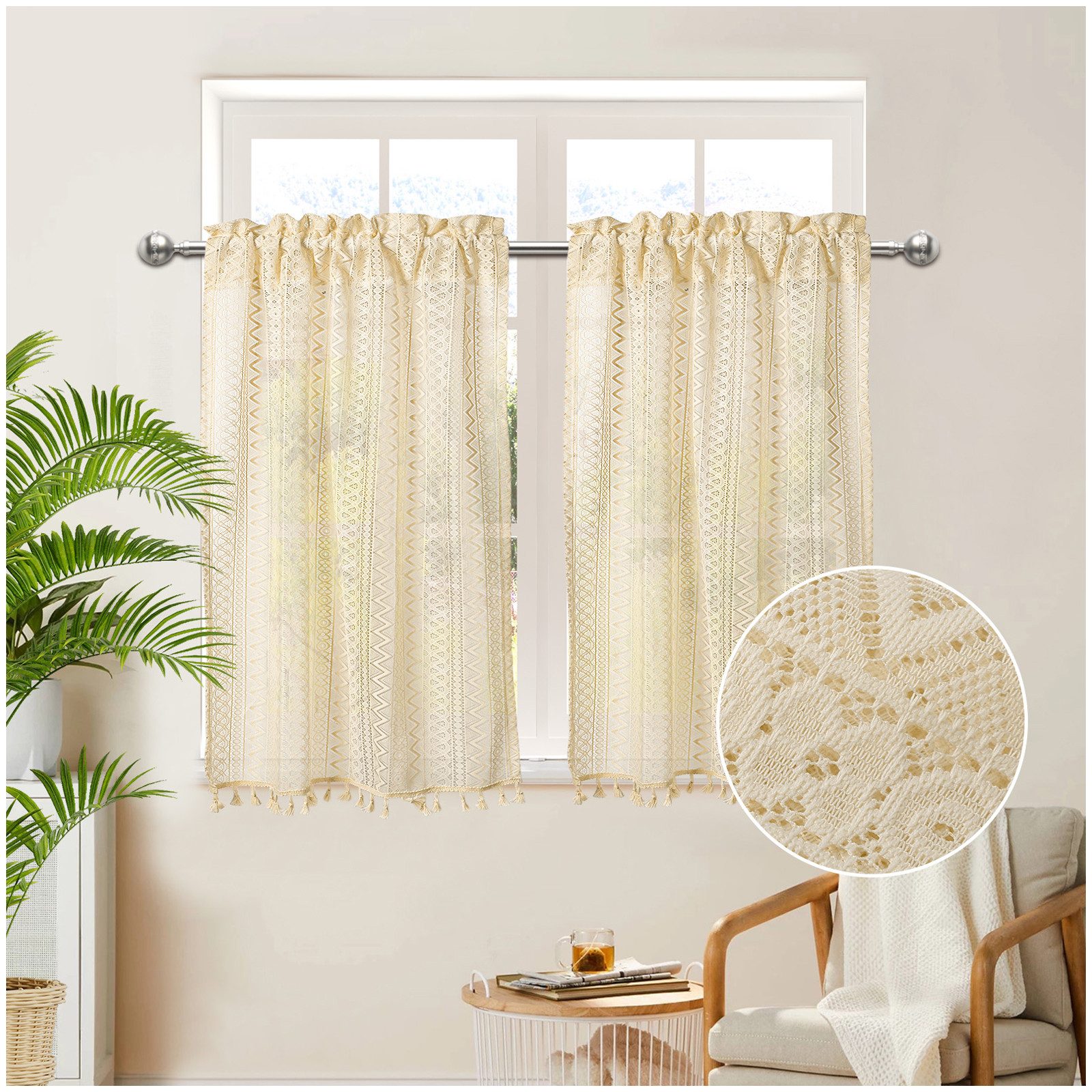 Qelus Gardine Boho Halbtransparent Gardinen Vintage Quaste Rutentasche Vorh günstig online kaufen