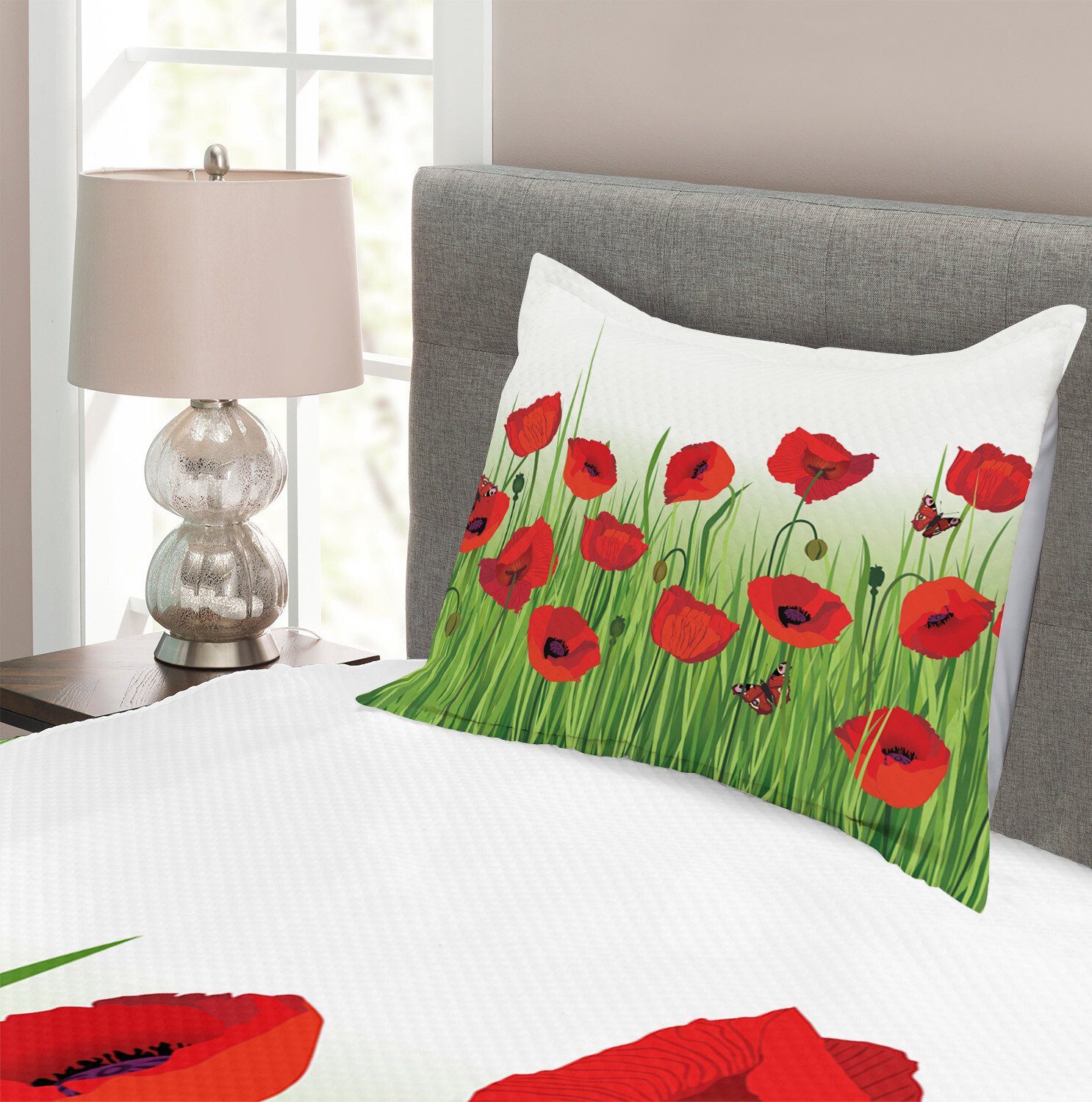 Set Floral Mohn Kissenbezügen mit Waschbar, Schmetterling Design Abakuhaus, Tagesdecke