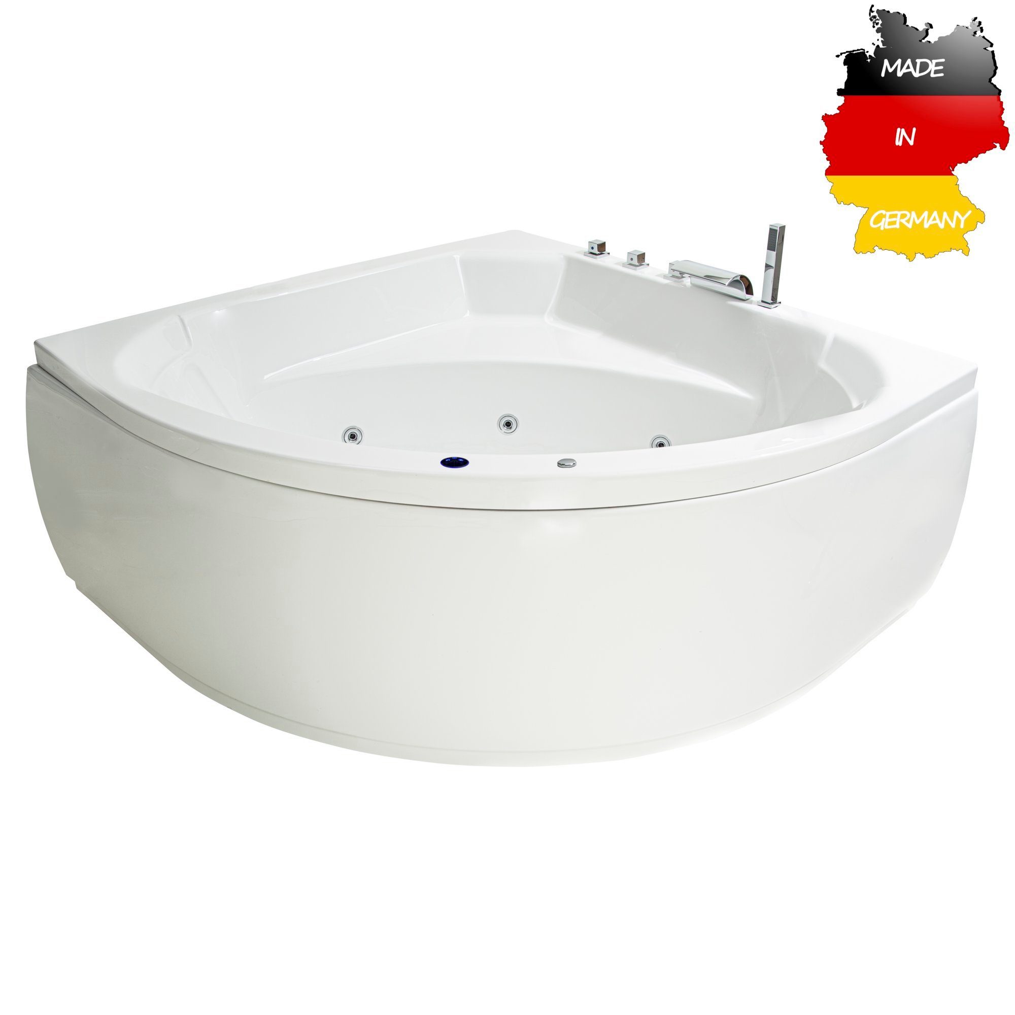 Basera® Whirlpool-Badewanne BASIC Indoor Eck-Whirlpool Badewanne Korfu 155 x 155 cm, (Komplett-Set), mit 13 Massagedüsen, Wasserfall, LED