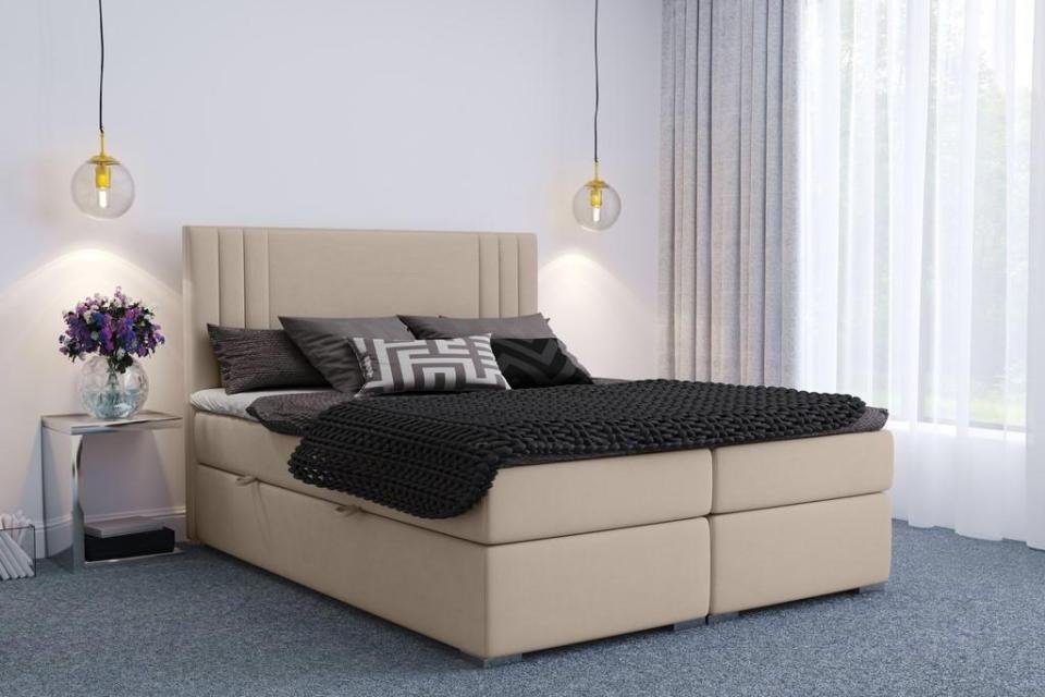 JVmoebel Bett Boxspring Bett Hotel Doppel Beige Textil Luxus Betten Polster Kasten Hellbeige