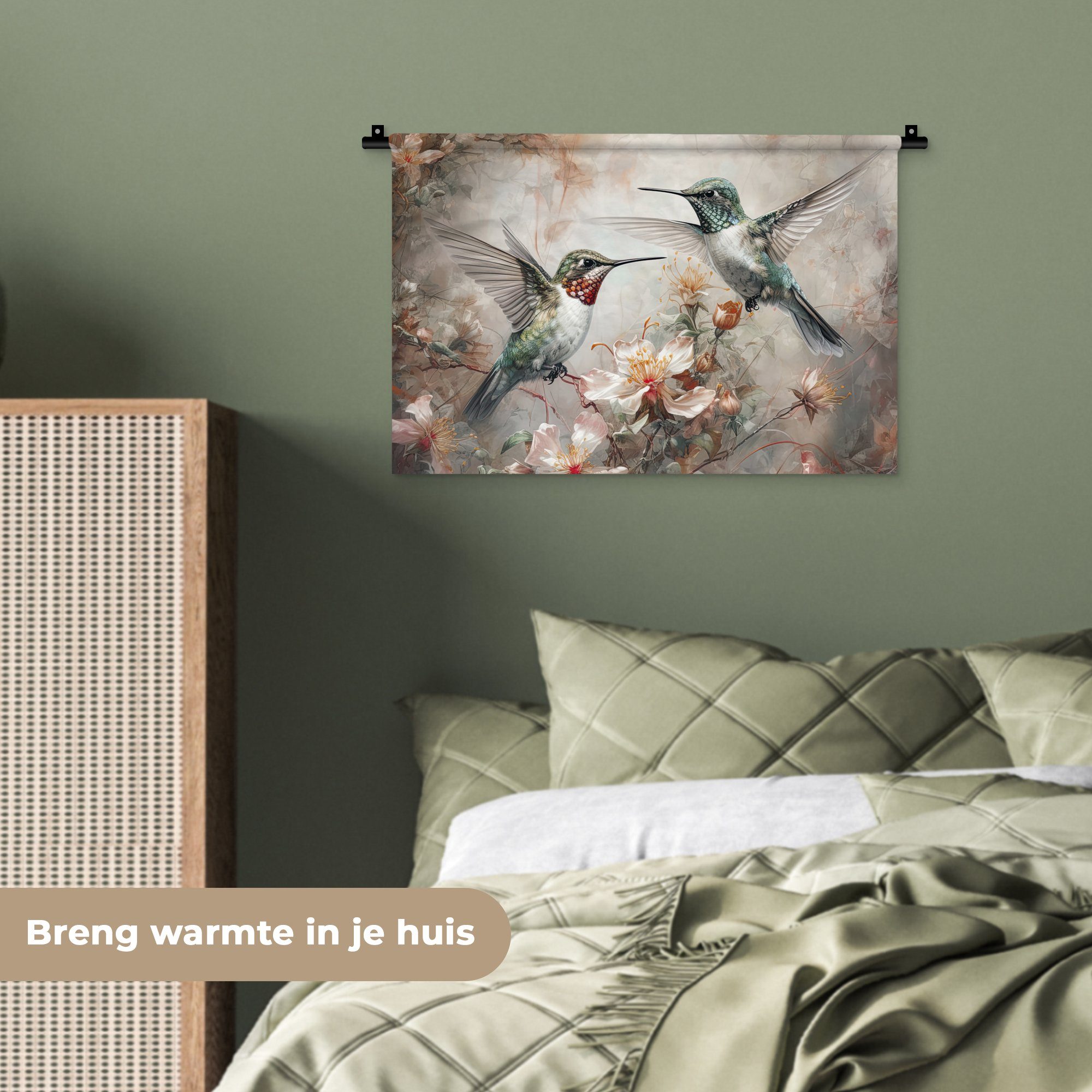 Schlafzimmer, Kolibri Wandbehang, Wanddekoobjekt Kleid, - Wohnzimmer, Pflanzen, MuchoWow Blumen - Wanddeko Vögel für Kinderzimmer -