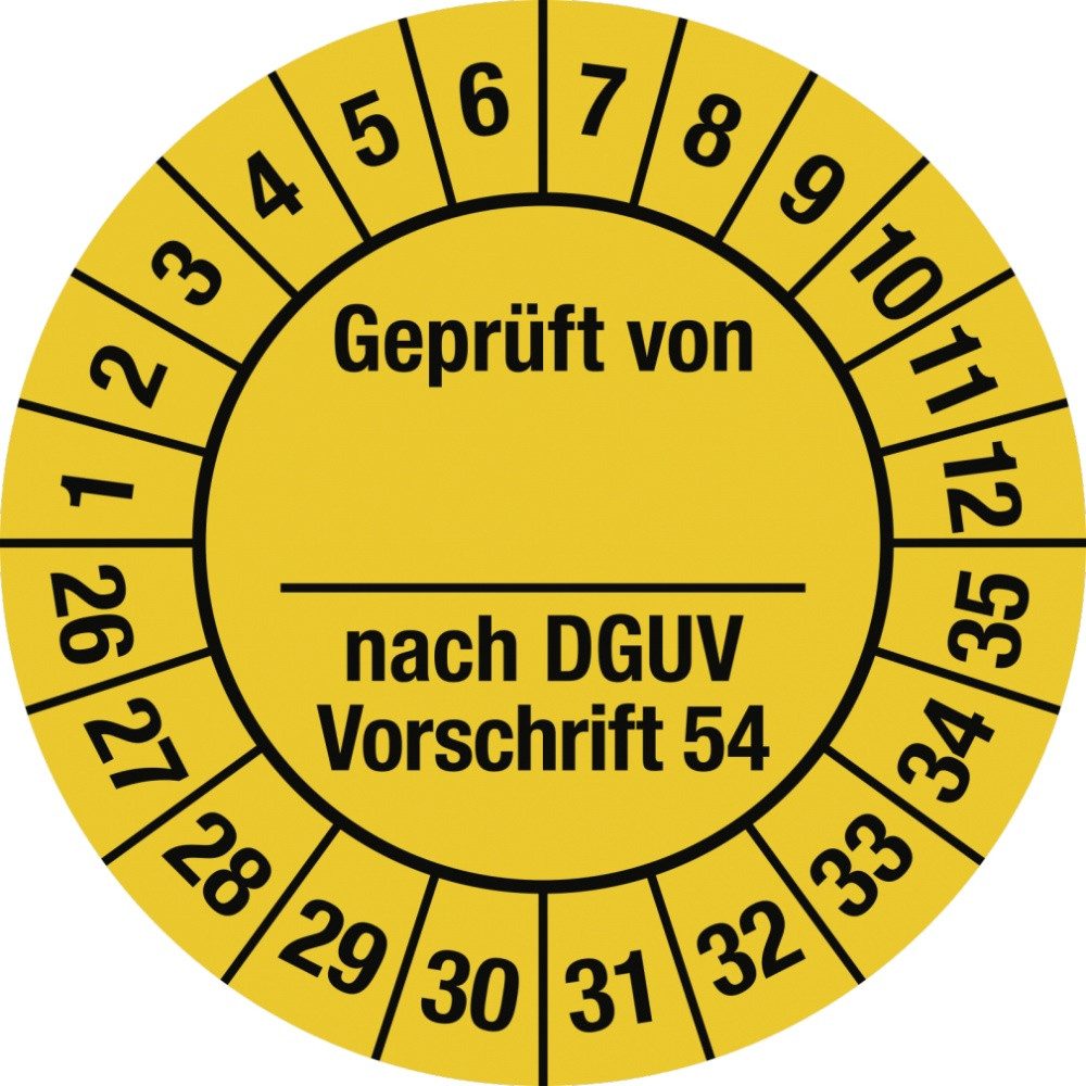 Hinweisschild Prüfplakette Geprüft...DGUV Vorschrift 54, 2026-2035, Folie, Ø 30 mm