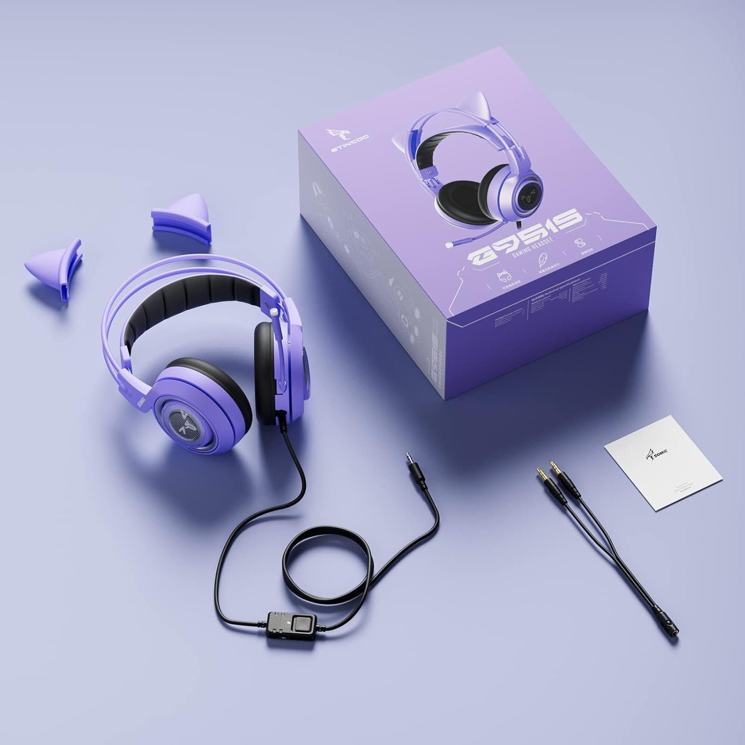 Somic G951S Gaming-Headset (Kopfhörer Lautstärkeregler, mit Cat-Ear Mikrofon, mit Abnehmbares Lila Frauen) Gaming-Headset Mädchen, 3,5-mm-Klinkenstecker