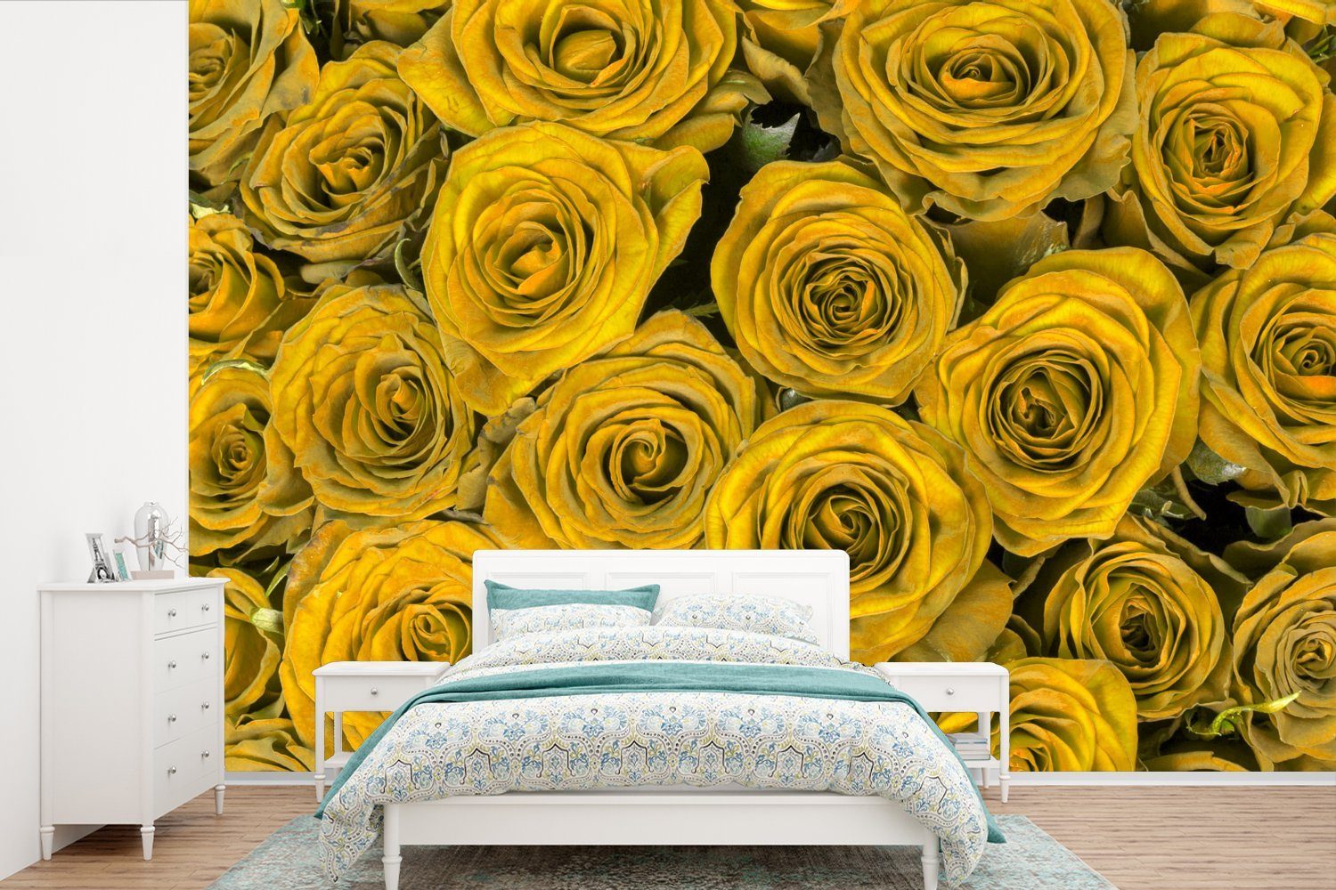 MuchoWow Tapete Blumenstrauß, bedruckt, Wohnzimmer, für Matt, St), Schlafzimmer, Vinyl Wallpaper Gelb Fototapete Rosen Kinderzimmer, (6 - -