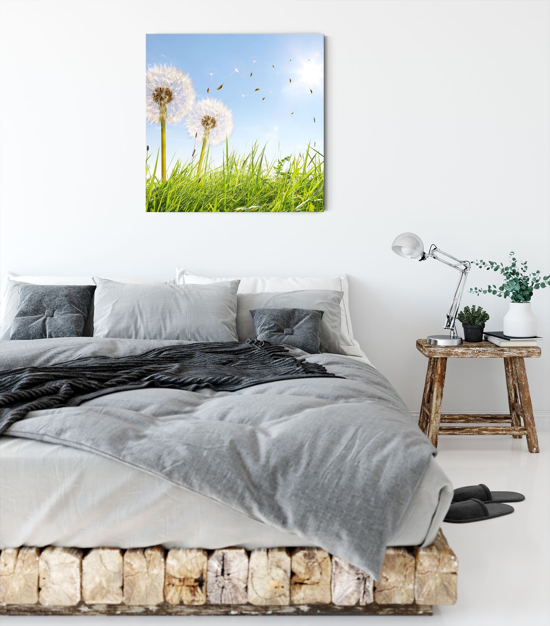Pusteblumen St), bespannt, inkl. (1 Leinwandbild auf Pixxprint Frühlingswiese Leinwandbild Zackenaufhänger fertig Frühlingswiese, Pusteblumen auf