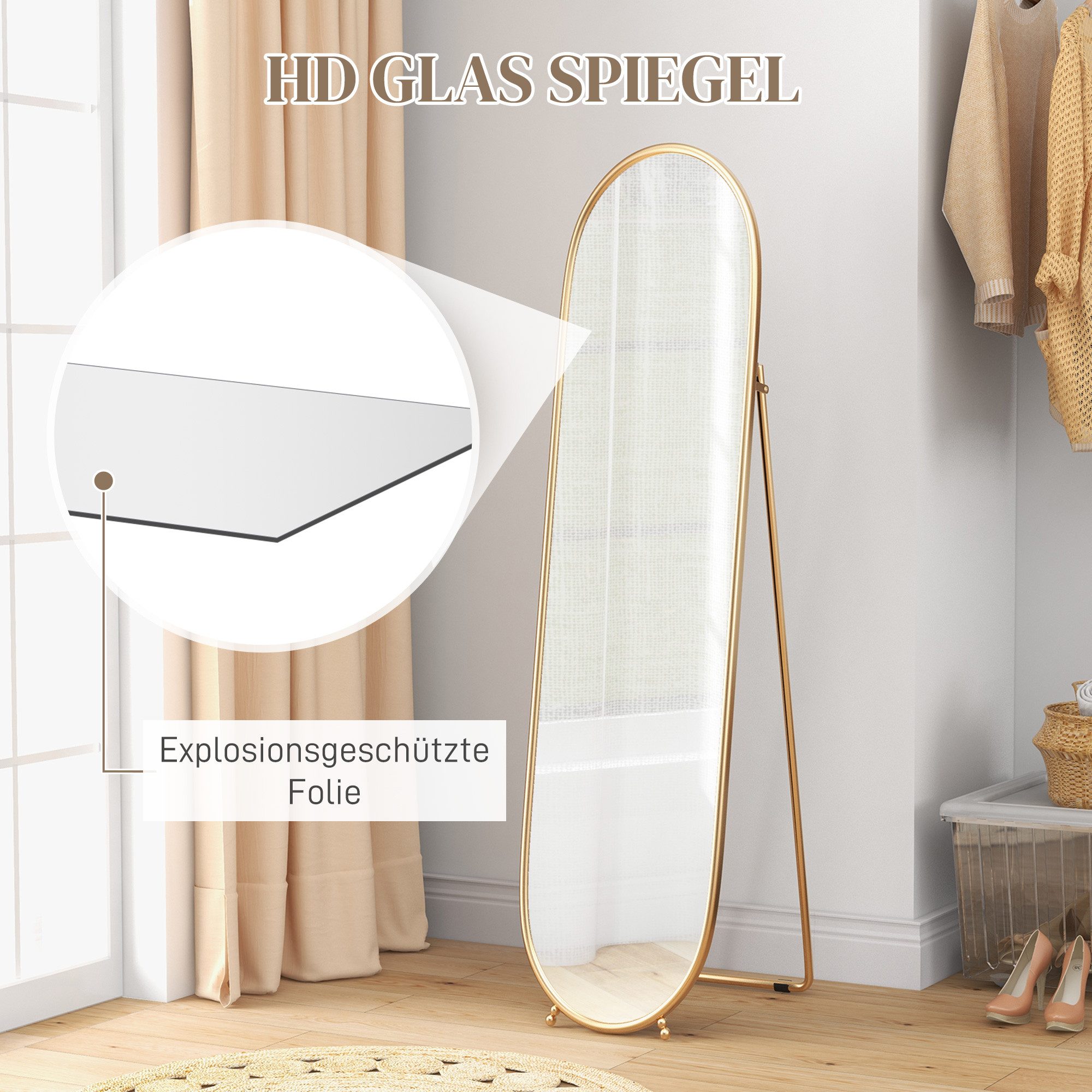 HOMCOM Standspiegel Ganzkörperspiegel mit Ständer, Metallrahmen, Oval (Garderobenspiegel, 1-St., Wandspiegel), für Wohnzimmer, Schlafzimmer, Gold – Bild 5 von 5