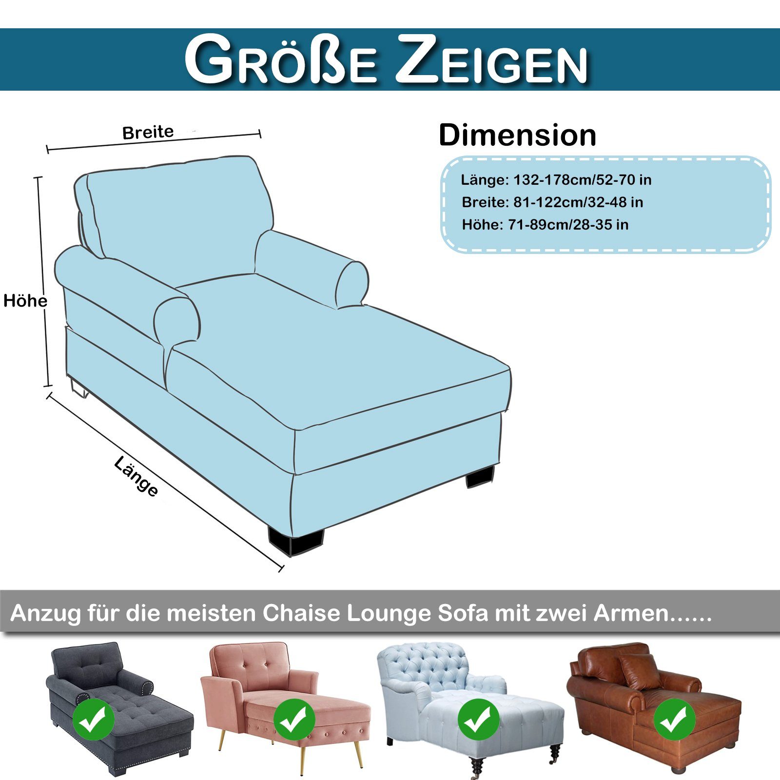 Lounge, Chaise Jacquard, Rosnek Sofahusse Stretch, Arm für Schwarz