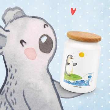 Mr. & Mrs. Panda Vorratsdose Pinguin Surfer - Weiß - Geschenk, Hawaii, motiviert, surfen, Wellen, Keramik, (1-tlg), Premium Farbdruck