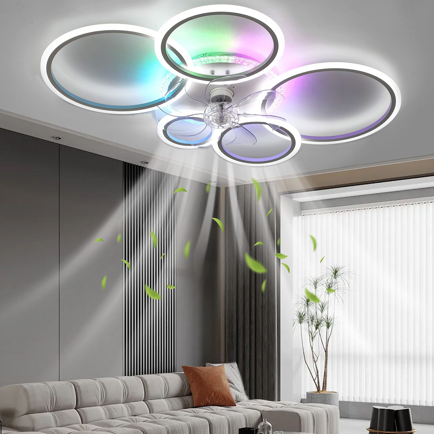 oyajia Deckenleuchte 70W Leise Deckenventilator mit Beleuchtung, Deckenlampe Mit Ventilator, LED fest integriert, Warmweiß, Naturweiß, Kaltweiß,RGB, Dimmbar Deckenventilator mit RGB Backlight, 6 Geschwindigkeiten 96cm
