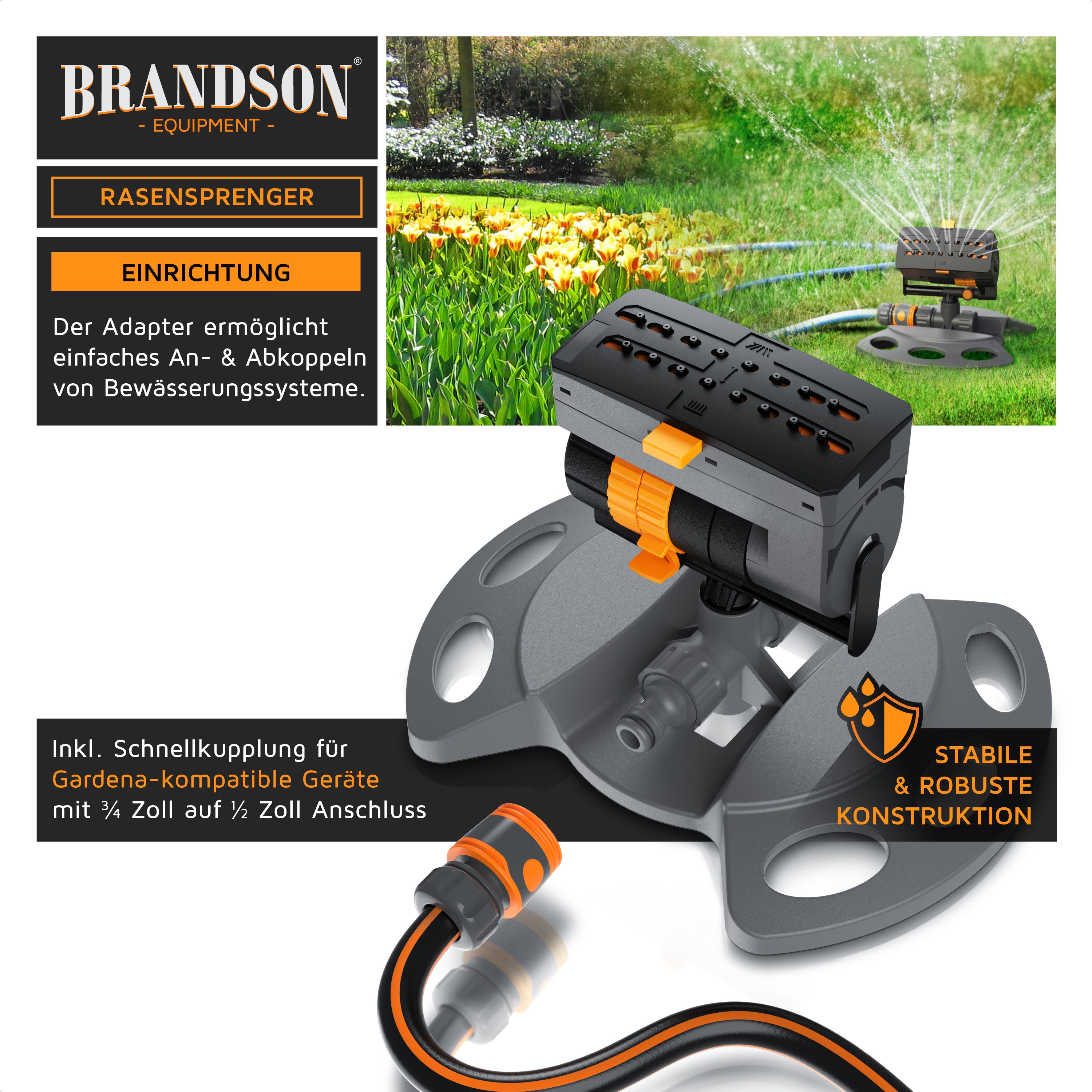Brandson Viereckregner Garten Sprinkler, Rasensprenger rotierend, Oszillationsregner 16 Düsen, für Flächen bis 180 m², (1-St), Wasserstrahl stufenlos einstellbar, ¾“ Rasensprinkler für große Fläche