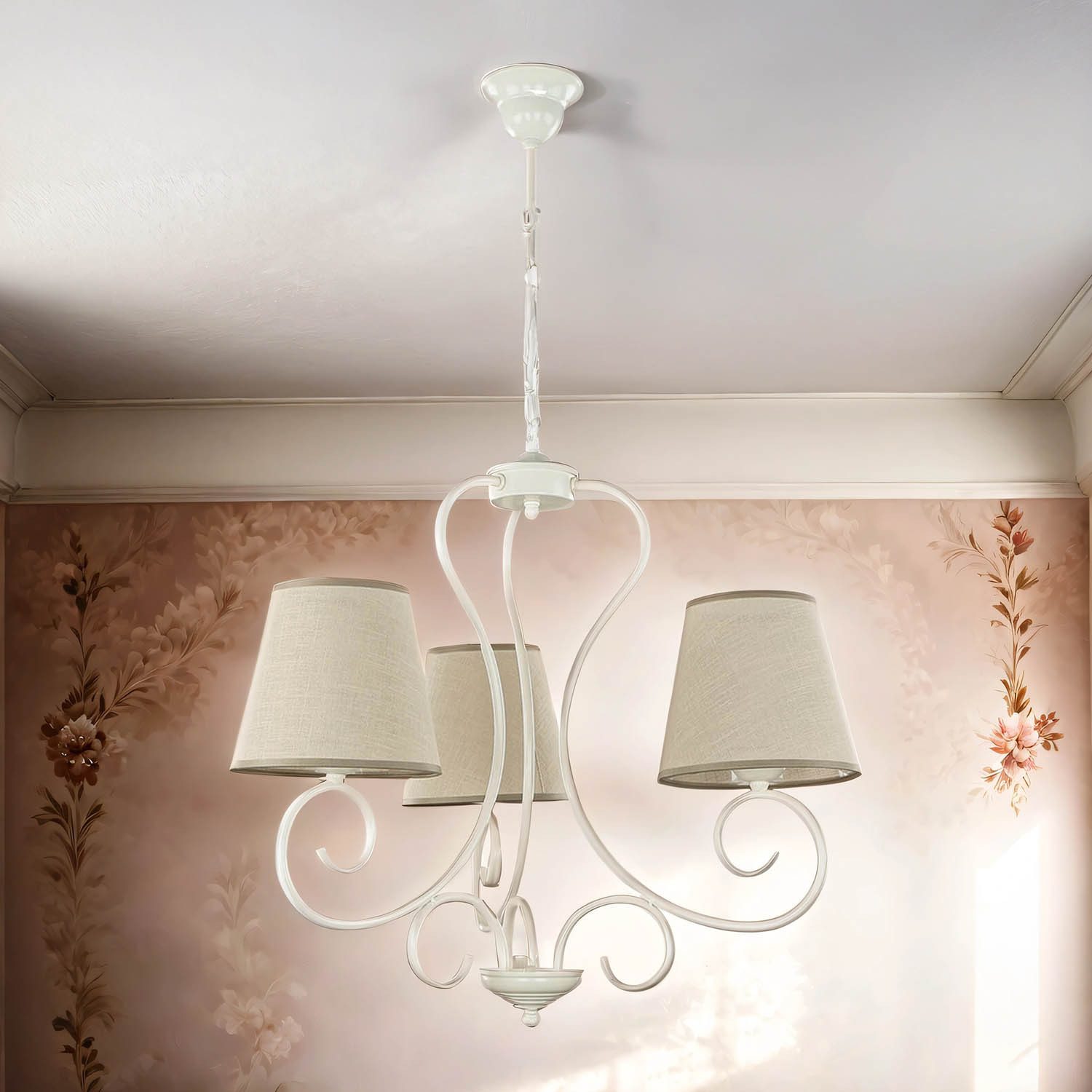 Licht-Erlebnisse Kronleuchter PURAHT, ohne Leuchtmittel, Pendelleuchte Stoffschirm Landhausstil rustikal Wohnzimmer Hängelampe