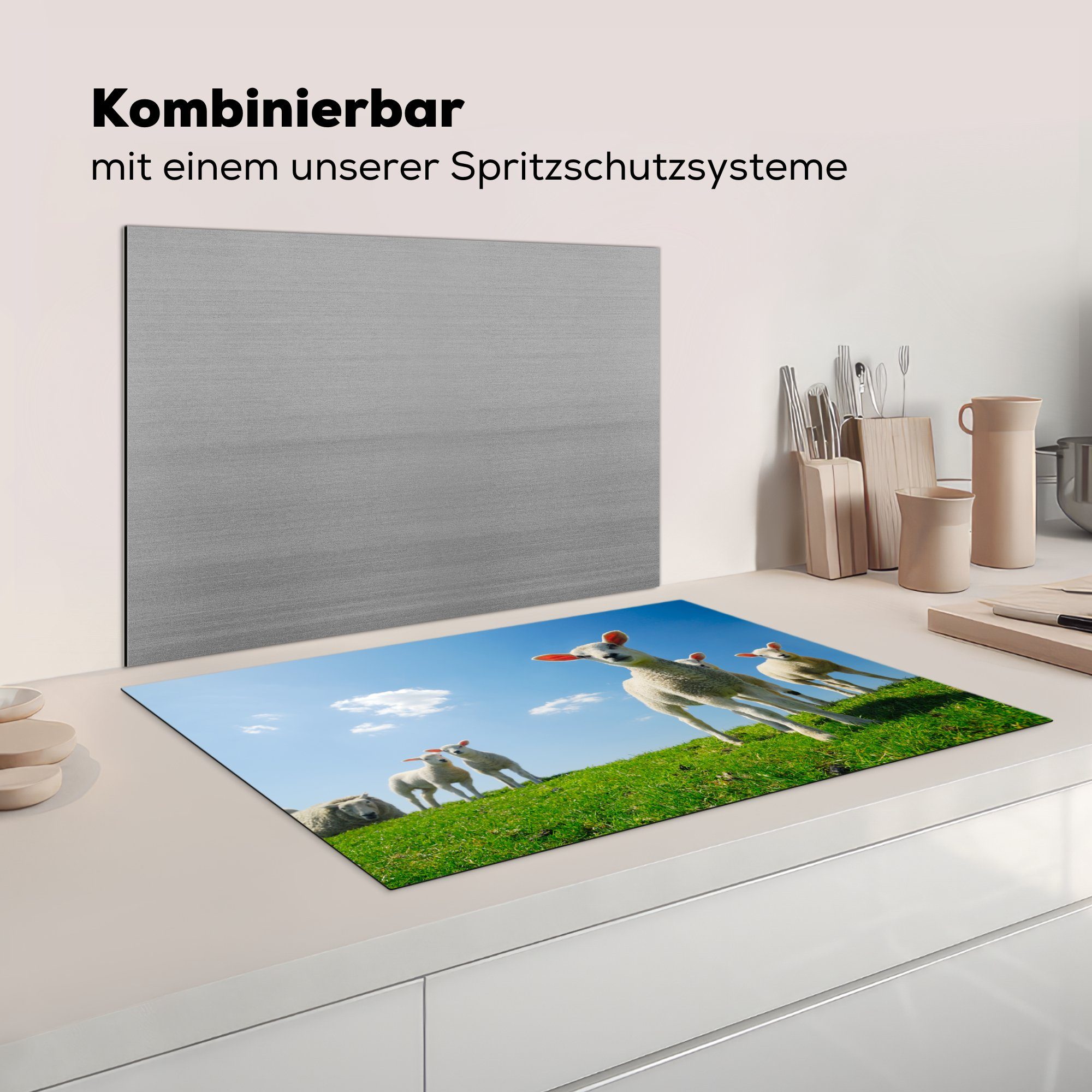 Herdblende-/Abdeckplatte 81x52 (1 Ceranfeldabdeckung Schutz Induktionskochfeld küche, Vinyl, Frühling Schafe für die Landschaft, - cm, - tlg), MuchoWow