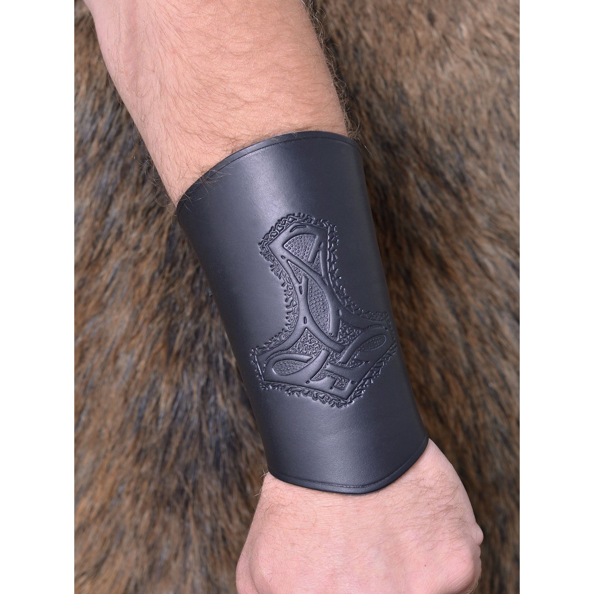 Ritter-Kostüm Armschützer aus Leder, mit Thorshammer, lang Schwarz