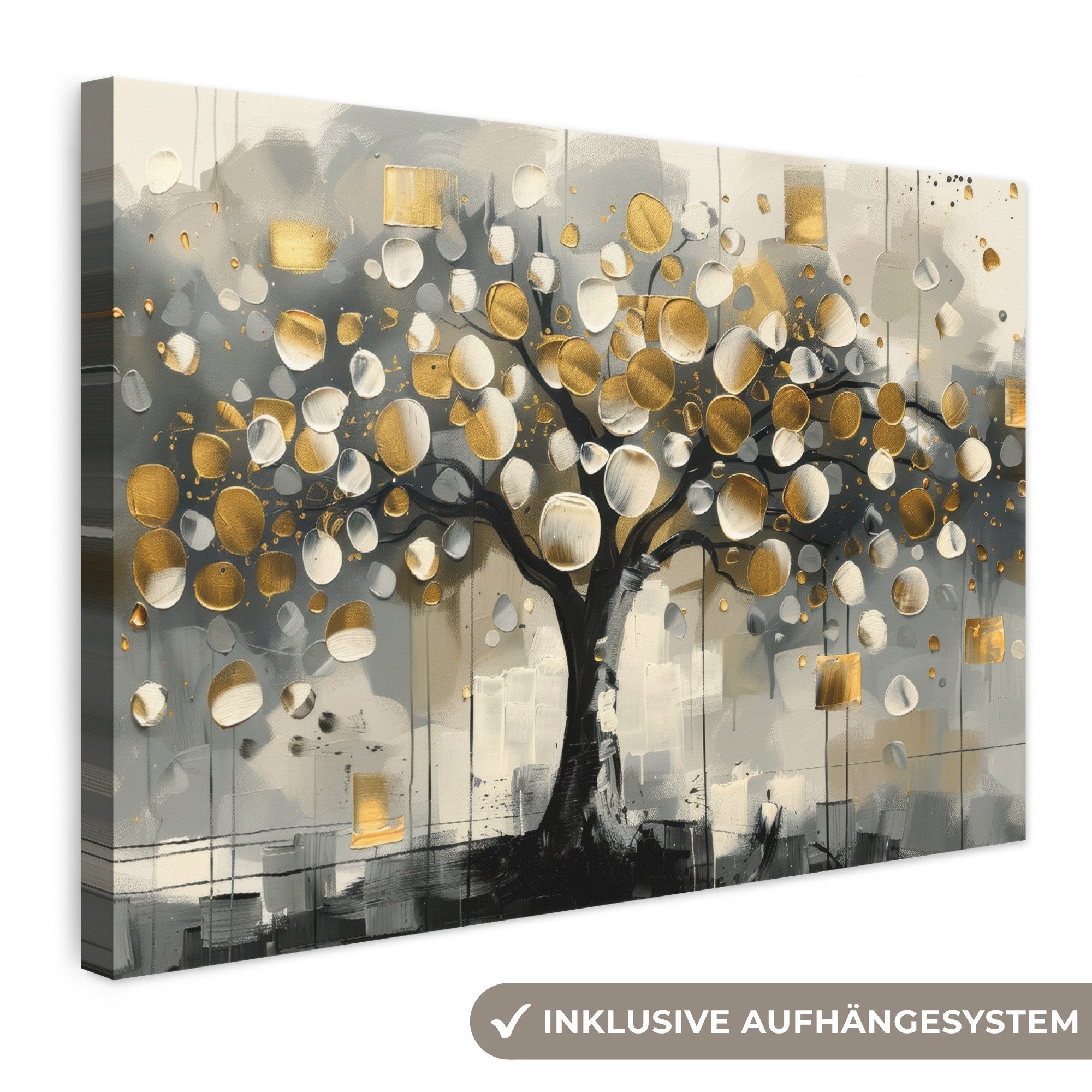 OneMillionCanvasses® Leinwandbild Baum - Abstrakt - Beige - Gold - Schwarz, Fotodruck (1 St), Leinwand Bilder Klein, Wand Dekoration Aesthetic 30x20 cm