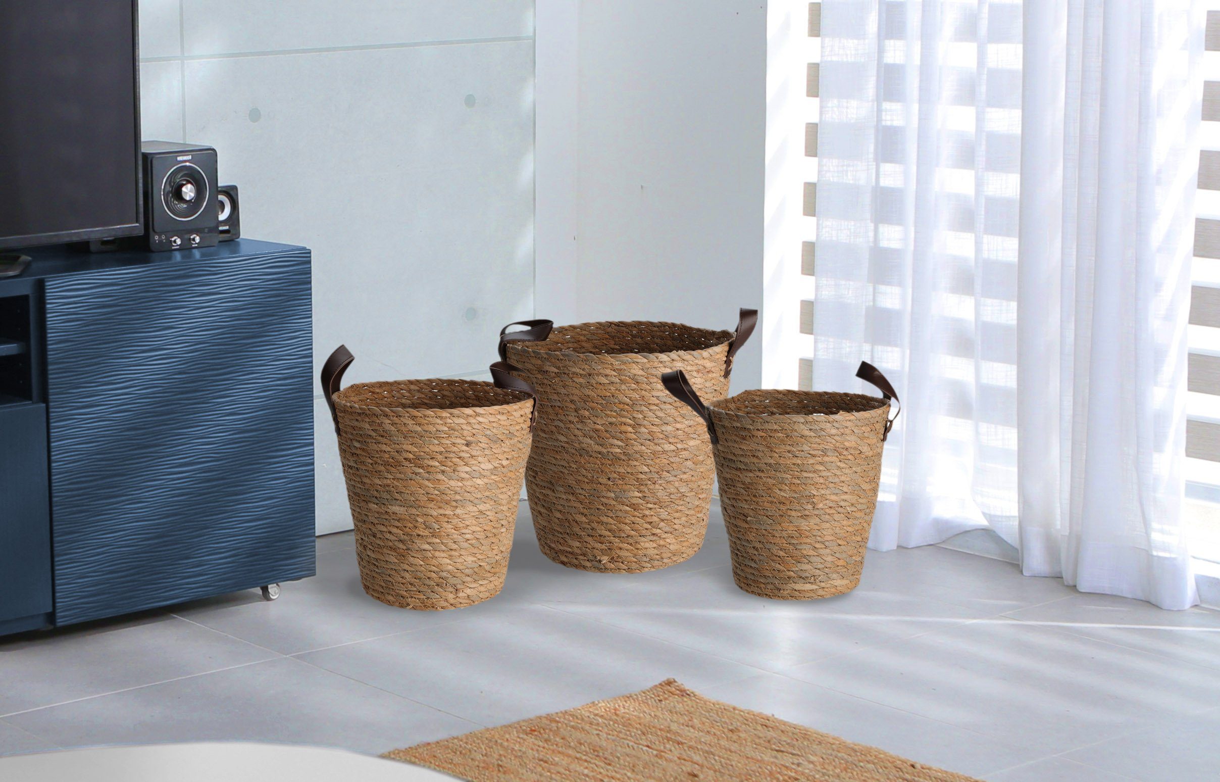 Spetebo Allzweckkorb Aufbewahrungskorb Seegras 3er Set - 30/26/24 cm (Packung, 1 tlg), Mehrzweck Korb Set mit Griffen aus Kunstleder