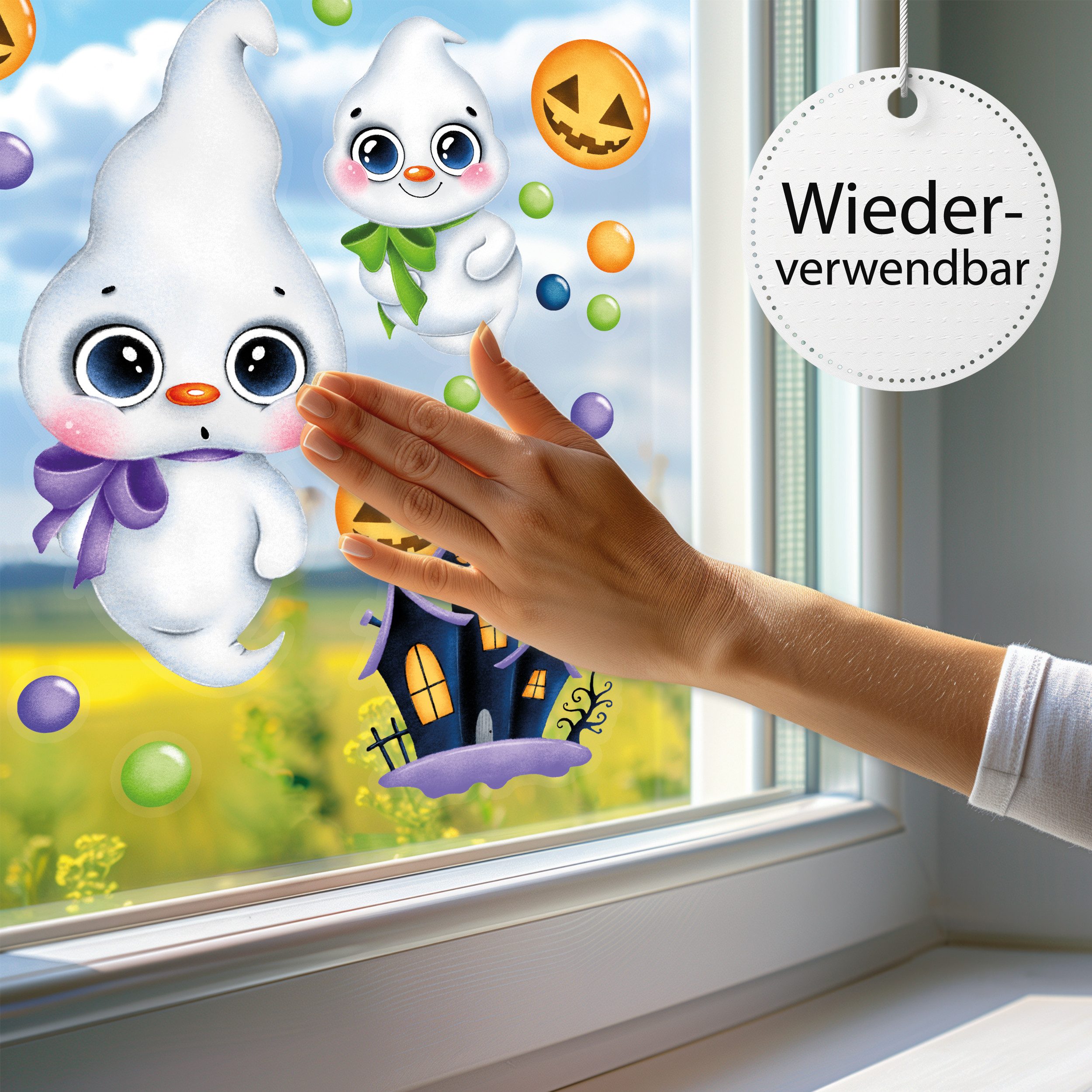 Sunnywall Fensterbild Fensterbild wiederverwendbare Fensterbilder Halloween Gespenster, wiederverwendbar, statisch haftend, beidseitiger Druck