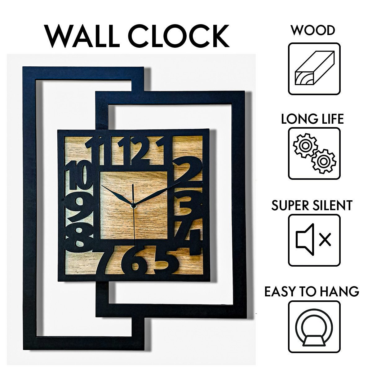 ORNAMENTI Wanduhr Große handgefertigte Wanduhr aus Holz, Modern,44 x 56 cm, Eiche (Rechteckig vertikal, ohne Tickgeräusche für Wohnzimmer,lesbare Ziffern)