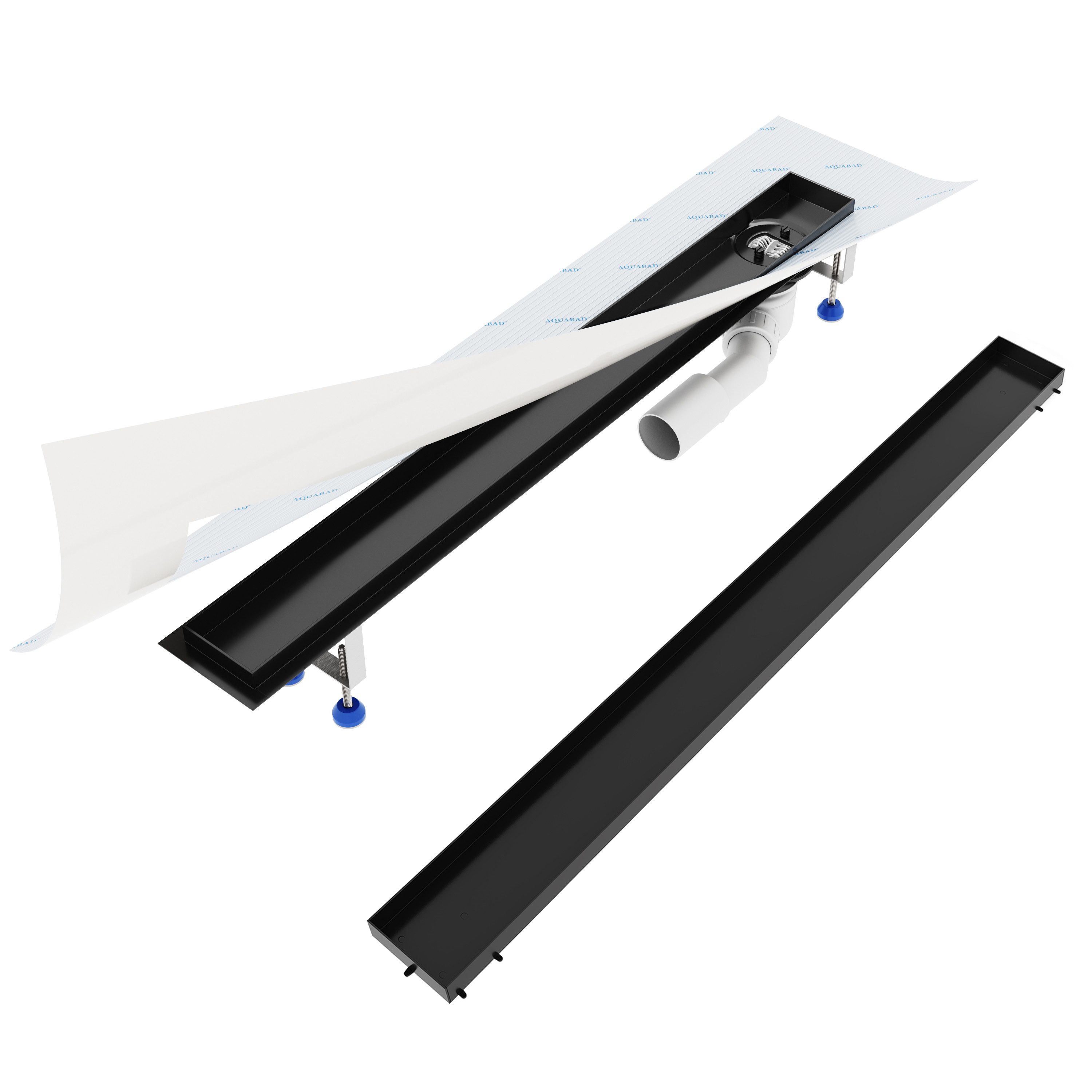 Aquabad® Duschrinne SDS Schwarzmatt Edelstahl Duschablauf, Haarsieb, Viega-Siphon, Komplett-Set, Blende: Befliesbar