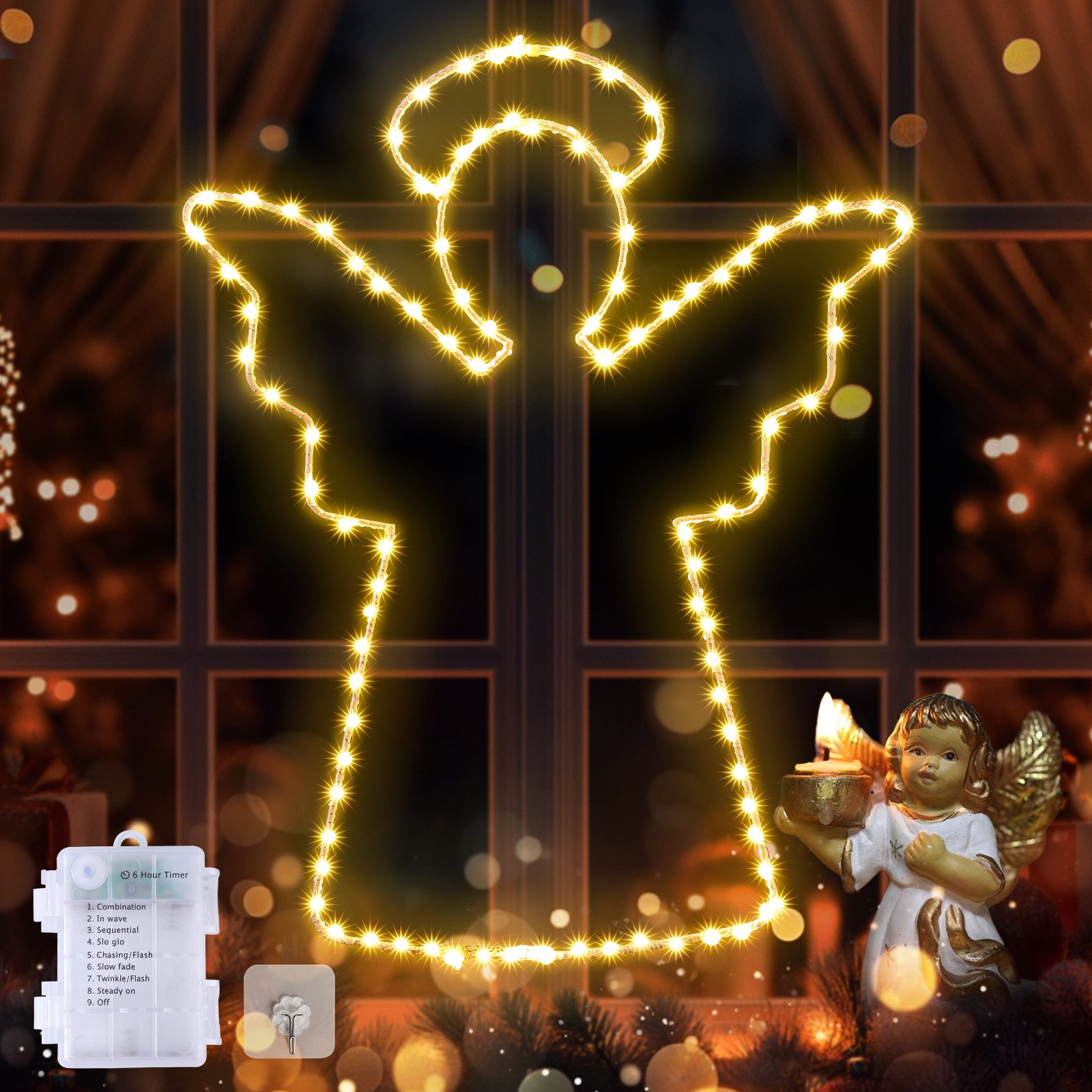 Quntis LED-Lichterkette Led weihnachtsdeko für fenster, innen/außen, weihnachtsstern, LED Engel Fenster Deko für Weihanchten/Geschenk