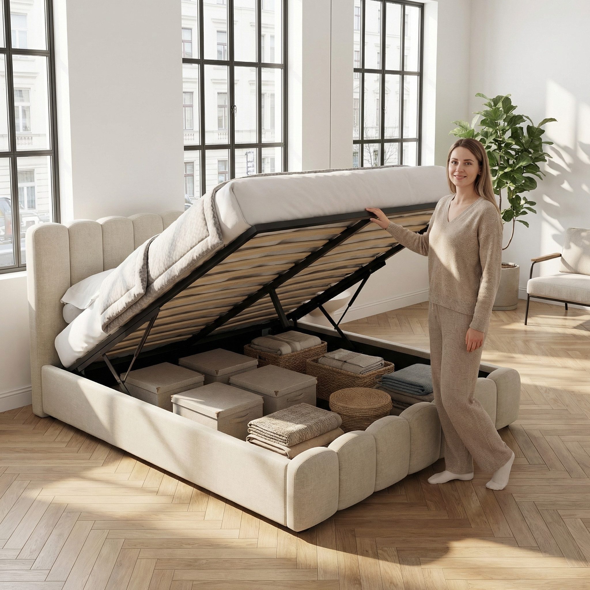 Gdood Polsterbett Stauraumbett Doppelbett LED, Leinenstoff (1-tlg., Type-C + USB, Hydraulisch hebbarer Stauraum), Mit Bettkasten, LED-Beleuchtung, USB-Anschluss, 140x200 cm