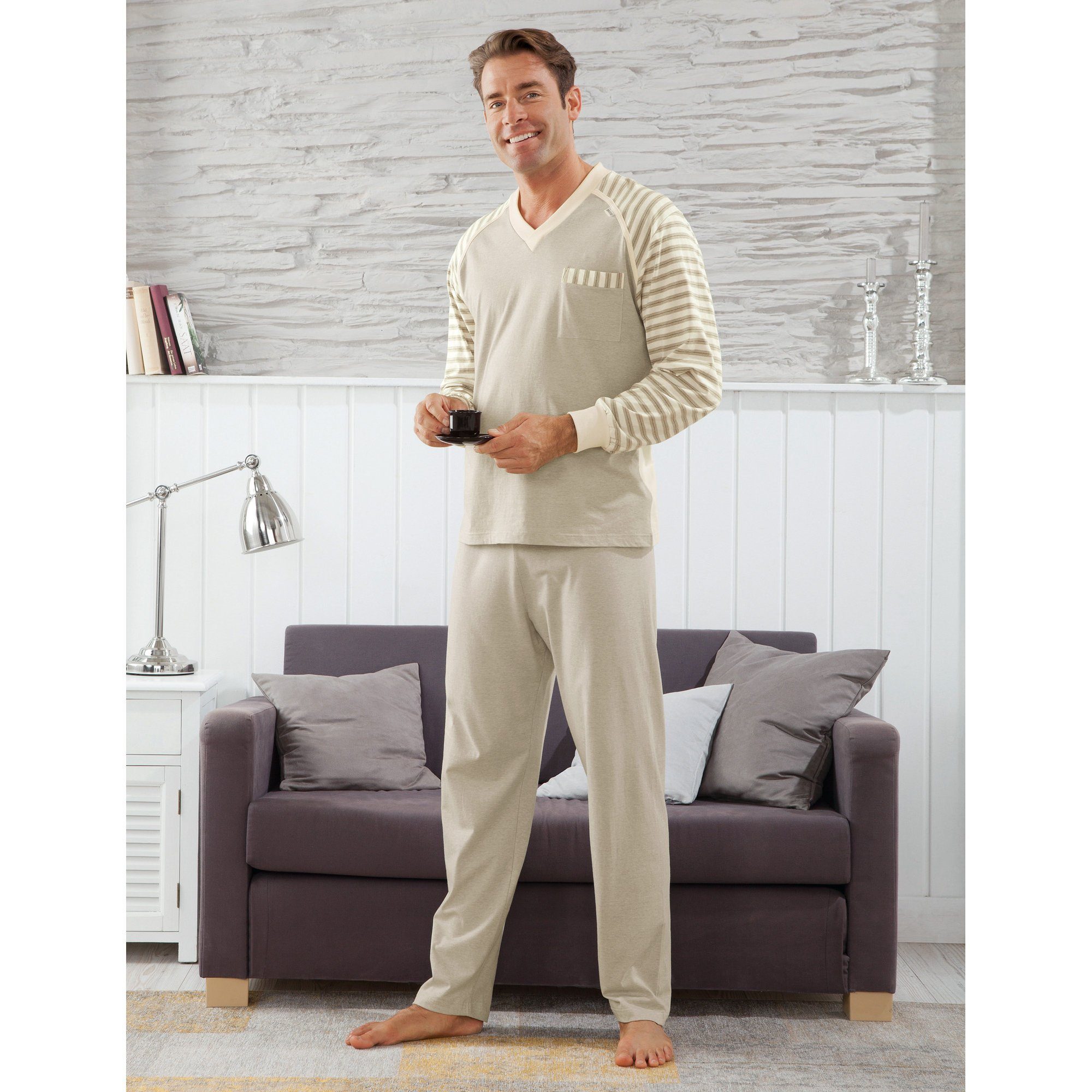 götting Pyjama Herren-Schlafanzug naturbelassen Single-Jersey Streifen günstig online kaufen