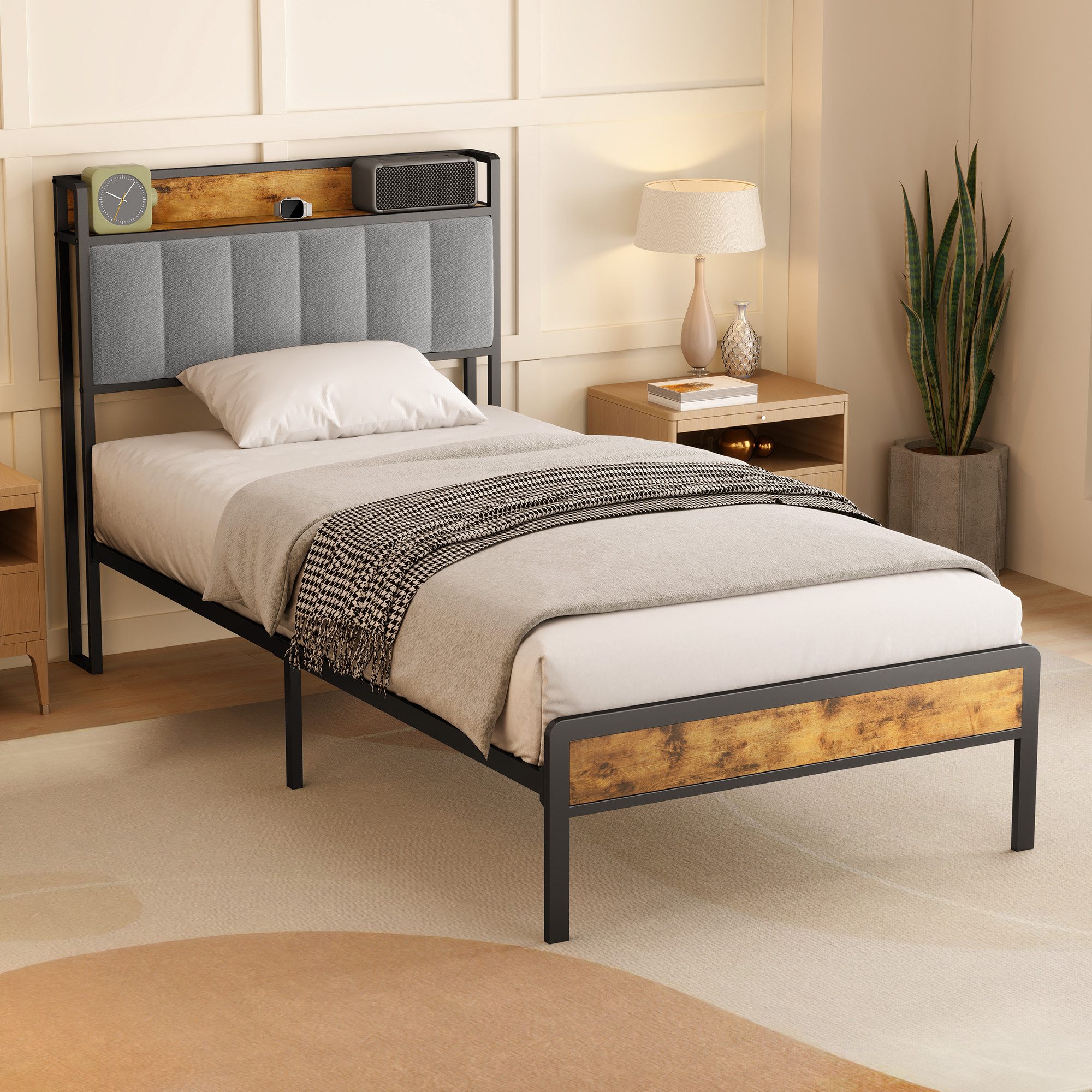 Bealife Polsterbett Einzelbett,Bettgestell mit Kopfteil,Holzbett mit Metall (90x200/120x200/140x200cm)