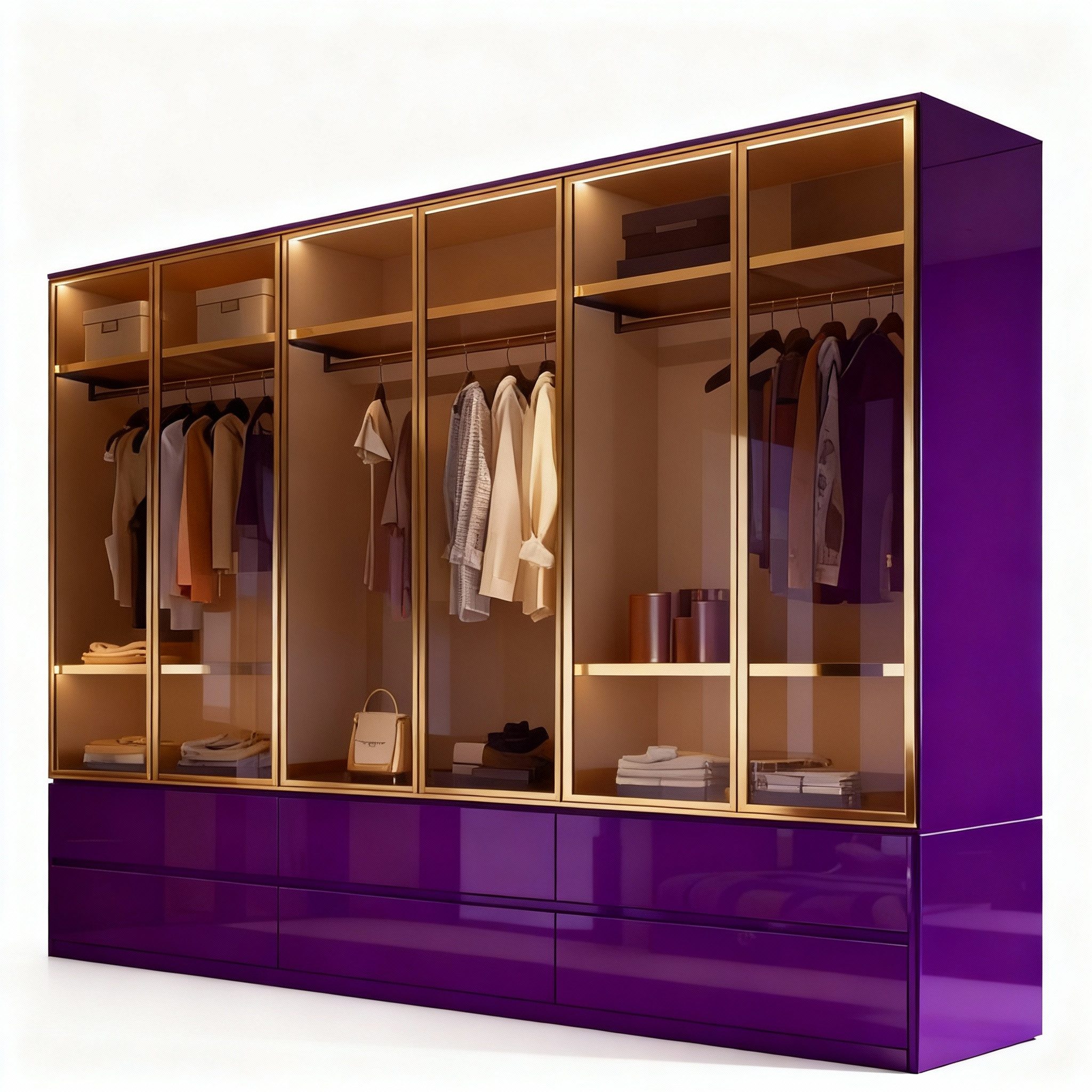 Palms-Store Kleiderschrank Luxemburg 6-Türig Glastüren mit goldfarbenen Glasrahmen (Spar-Set) Breite: 300 cm, Tiefe: 62 cm, Höhe: 218 cm, inkl. Zubehör