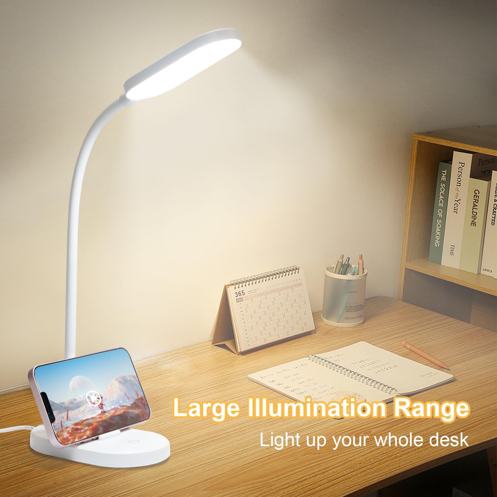 LQWELL Schreibtischlampe Tischleuchte mit Telefonhalter, LED fest integriert, 360° Flexibel Touch-Steuerung, Studienlampe für Heimbüro, 5000k, 160 Lumen, LED Sc – Bild 2 von 5