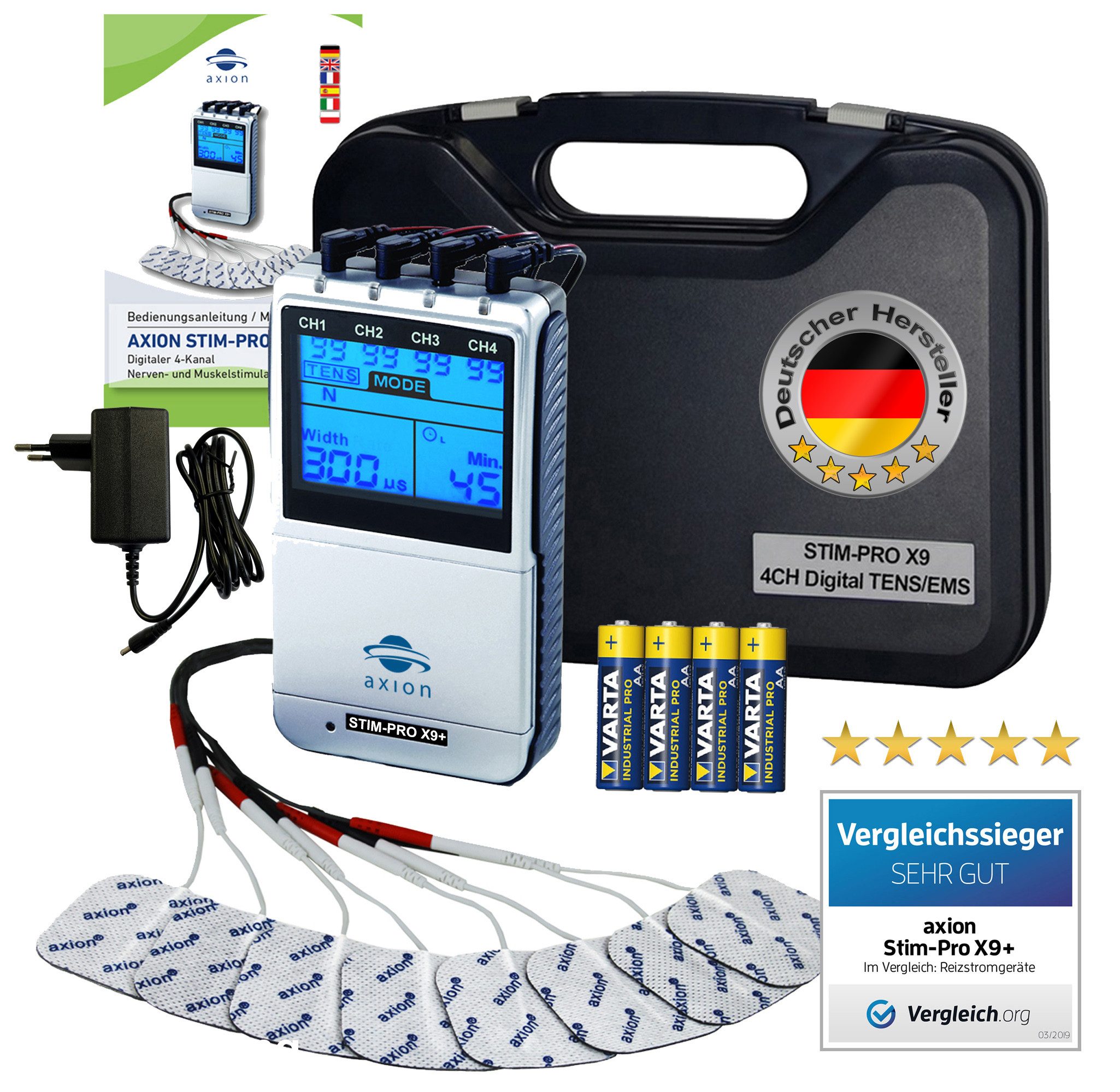 Axion TENS-Gerät TENS Elektrotherapie STIM-PRO X9+ Gerät, EMS Muskelaufbau, MEDIZINPRODUKT, Massagegerät, Beckenbodentraining