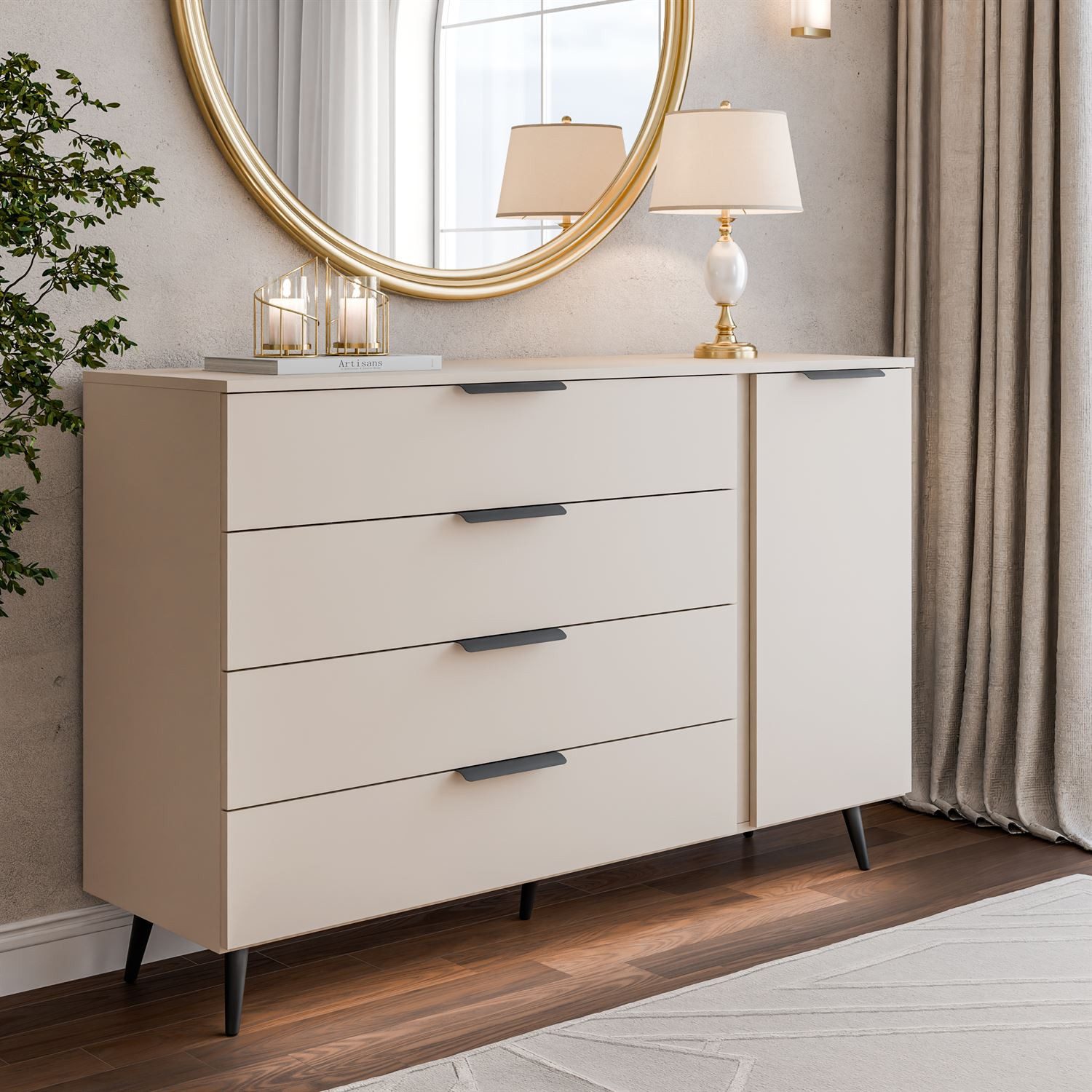 Lookway Kommode LINA KASCHMIR 1D4S mit LED Beleuchtung auf hohen Füßen, 138x90x40 cm – Bild 2 von 5