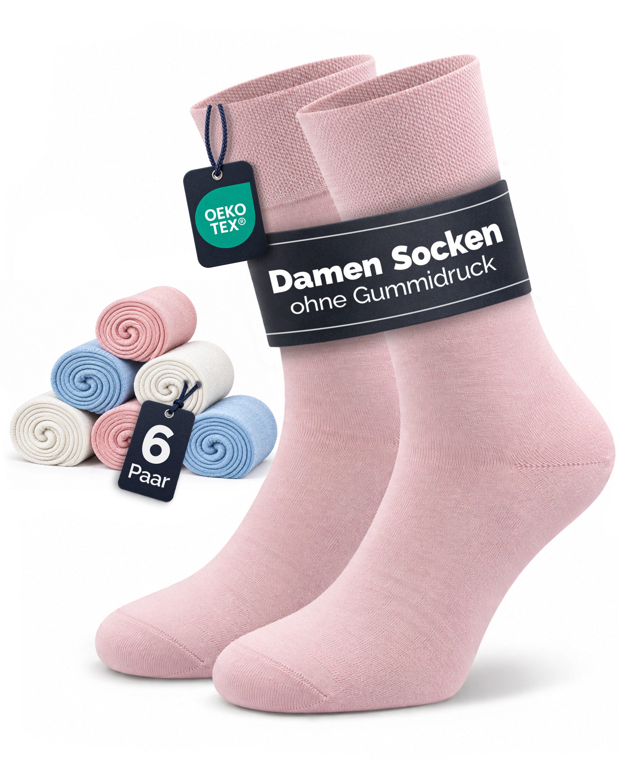 GAWILO Diabetikersocken für Damen ohne Gummidruck & ohne drückende Naht (6 Paar) Extra breiter Piquet-Strick am Komfortbund der nicht einschneidet