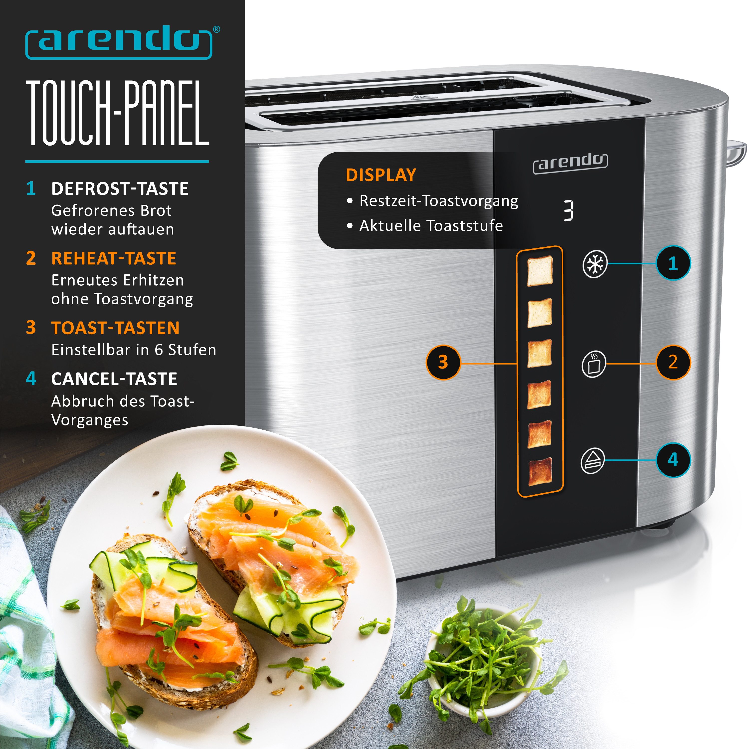 Arendo Toaster 2-Scheiben Kurzschlitz Edelstahl, Touch, Restzeit Bräunungsgradanzeige, 2 Schlitze, für 2 Scheiben, 800 W, Brötchenaufsatz, Wärmeisoliert, Toast-Symbole für Bräunungsgradauswahl