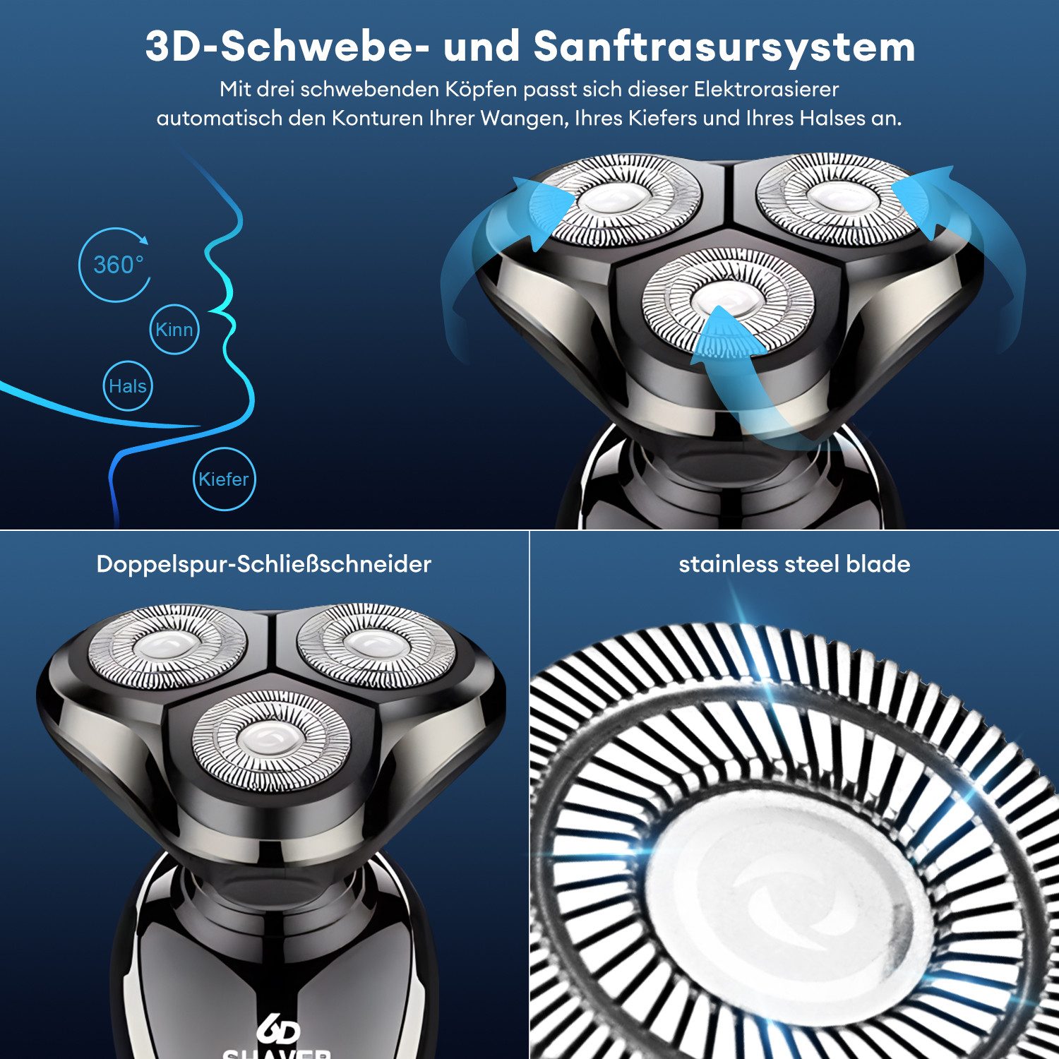 CkeyiN Elektrorasierer 3-in-1 Bartschneider Nasenhaartrimmer Haarschneider Multifunktional, Aufsätze: 3, IPX7 wasserdicht, magnetischer 3D-Floating-Elektrorasierer, OHNE ÖL