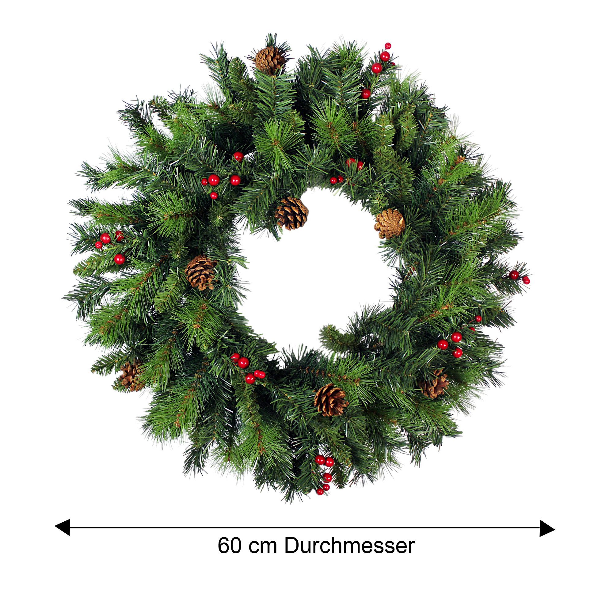 Arnusa Dekokranz Künstlicher Weihnachtskranz 60 cm mit roten Beeren und Zapfen, Weihnachtsdekoration Tannenkranz groß – Bild 5 von 5