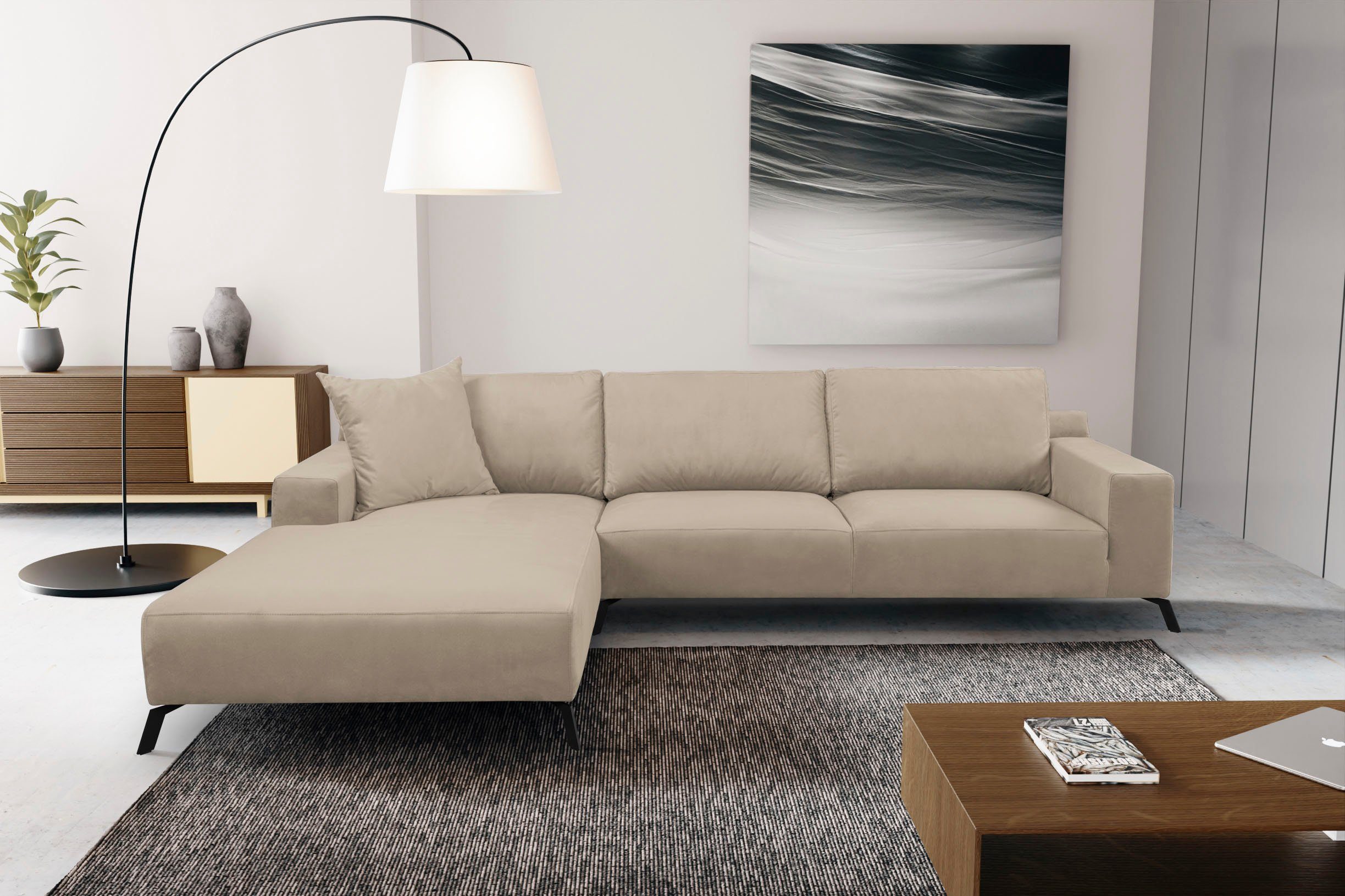 WERK2 Ecksofa Faro, XXL Design Ecksofa mit hohem Komfort in trendigem Cord  & Samtvelours