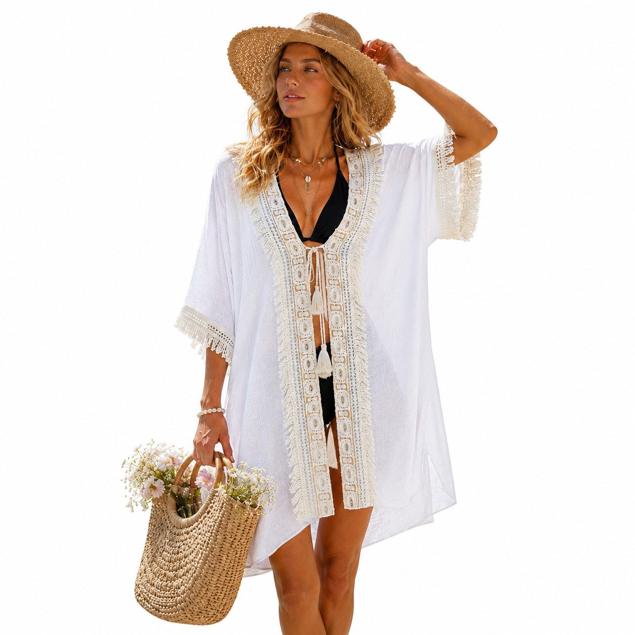 MOPUEA Strandkleid Strandkleider für Damen, gehäkeltes Strandkleid mit Quasten (V-förmiges Strandkleid für Damen, Top-Strandkleid, Pool-Netz-Strandkleid, 1-tlg., Boho Beach Beachwear Kimono Cardigan Strand Damen Lang Sommer) Sommer Cardigans für Damen, Zu