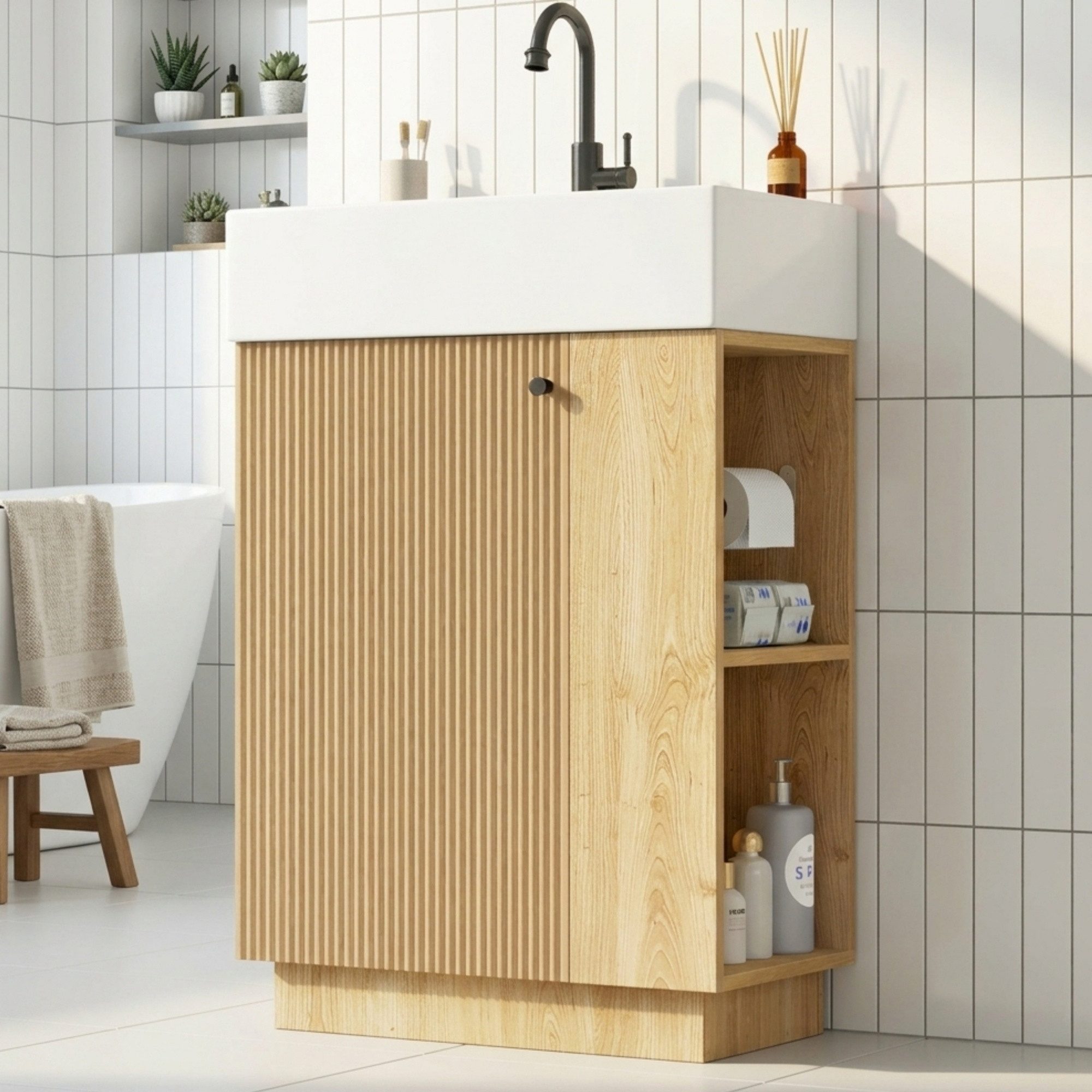 Flieks Waschtisch Waschbeckenunterschrank mit Keramikwaschbecken (55x32x87 cm, 1-St., bodenstehender Badschrank mit abnehmbarem Toilettenpapierhalter), Badmöbel-Set Badezimmerschrank mit verstellbarer Einlegeböden Natur