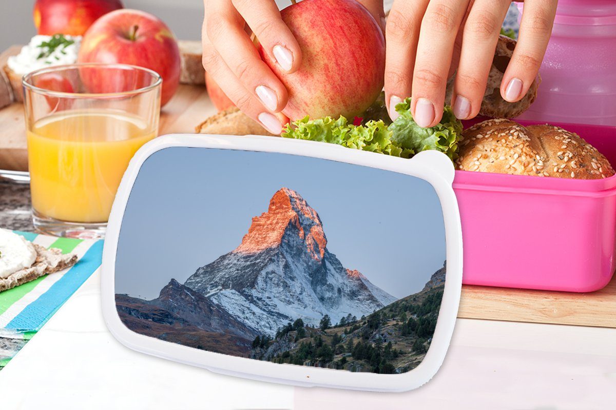 MuchoWow Lunchbox Sonnenaufgang, in Mädchen, rosa für (2-tlg), Erwachsene, Das Kinder, Matterhorn bei der Schweiz Snackbox, Kunststoff Kunststoff, Brotdose Brotbox
