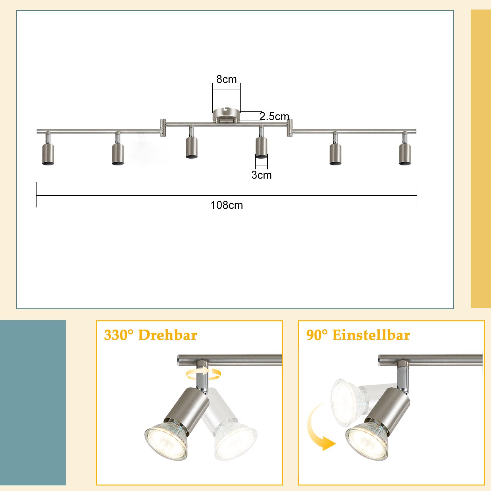 ZMH Deckenspots 6 Flammig - Deckenleuchte Modern Deckenstrahler GU10 Wohnzimmer, Einfasche Installtion, ohne Leuchtmittel, 350°Drehbar Spot Edelstahl Decke innen