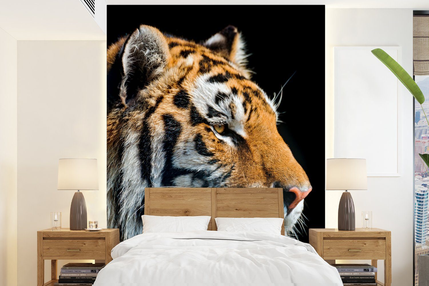 Wohnzimmer, Montagefertig Tapete MuchoWow St), (4 Vinyl Fototapete - Matt, Kopf für bedruckt, Schwarz, - Tiger Wandtapete