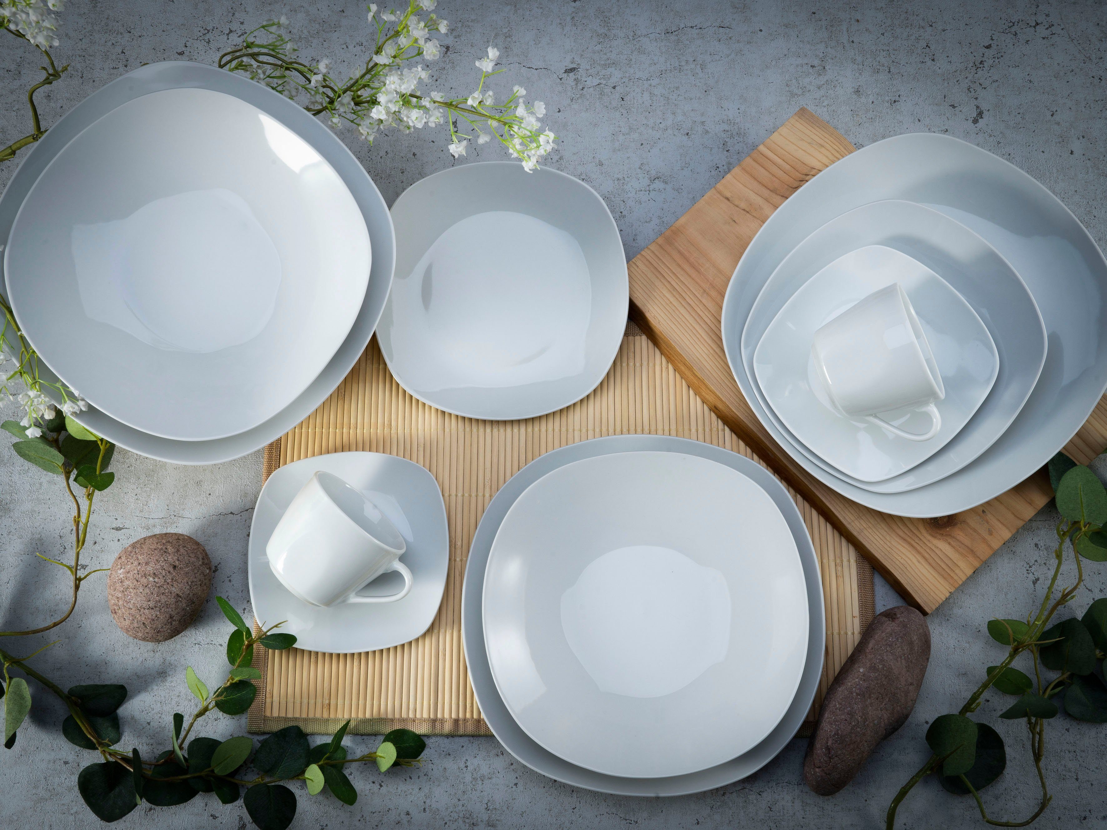 CreaTable Kombiservice Square Weiss (30-tlg), 6 Personen, Porzellan, abgerundete, quadratische Form