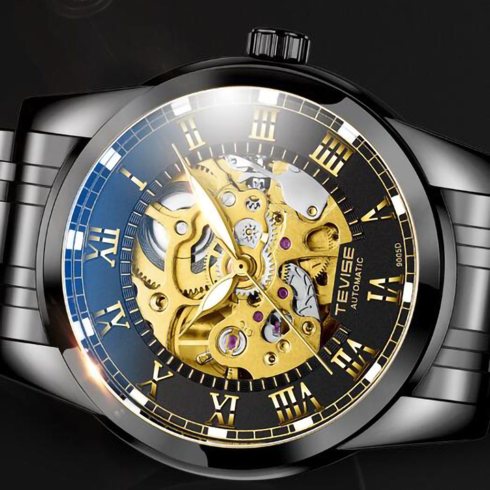 GelldG Uhr Armbanduhr, Gold, Wasser- Kratzfest, Schwarz und Uhr mechanische Herren Automatik