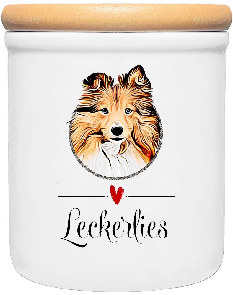 Cadouri Vorratsdose SHELTIE - Leckerlidose Hund - für Hundekekse, Keramik, (Leckerlidose mit Hunderasse, 2-tlg., 1x Keramikdose mit Holzdeckel), Hundekeksdose, handgefertigt in Deutschland, für Hundebesitzer, 400 ml | Vorratsdosen