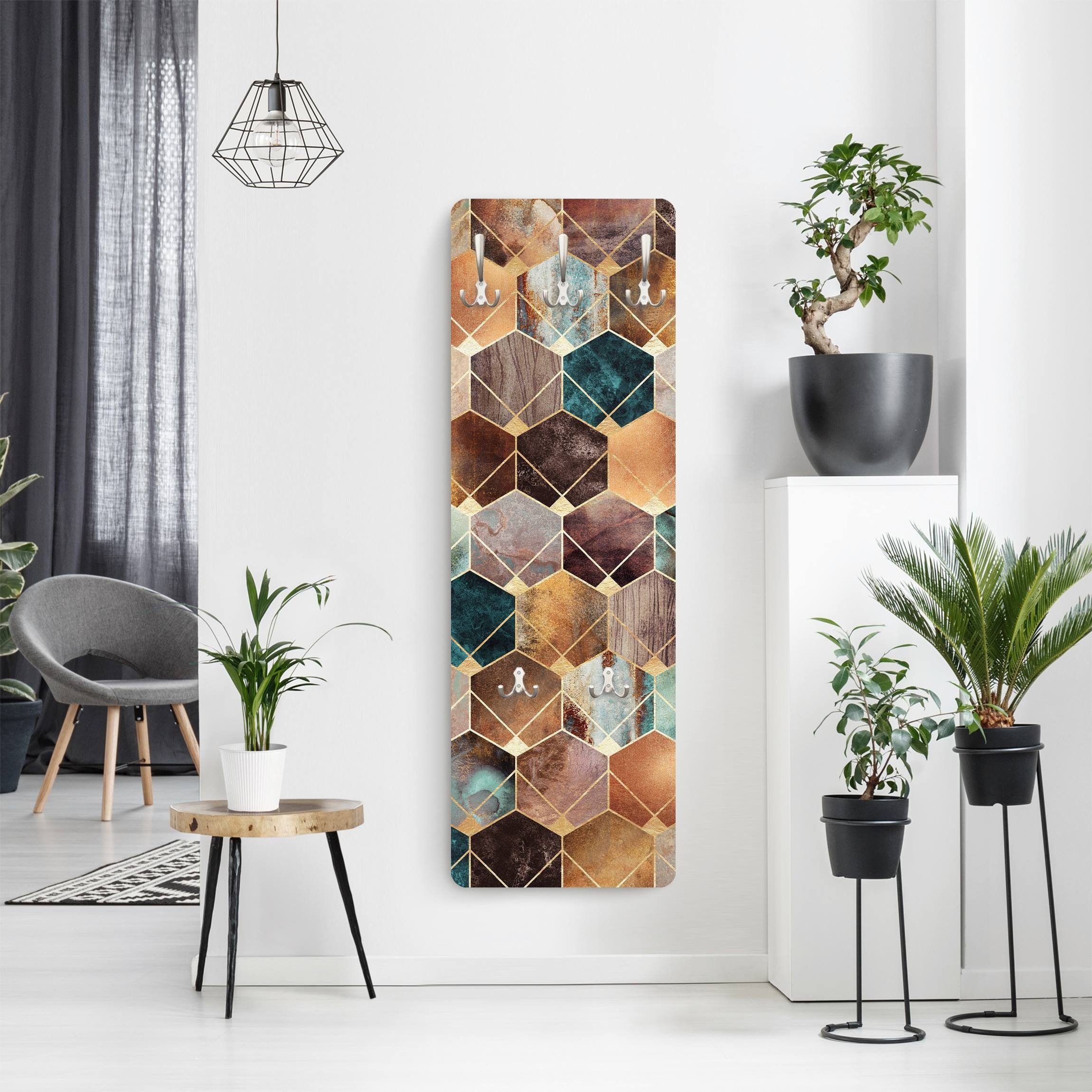 Bilderdepot24 Garderobenpaneel gold Abstrakt Aquarell Muster Türkise Geometrie goldenes Art Deco (ausgefallenes Flur Wandpaneel mit Garderobenhaken Kleiderhaken hängend), moderne Wandgarderobe - Flurgarderobe im schmalen Hakenpaneel Design